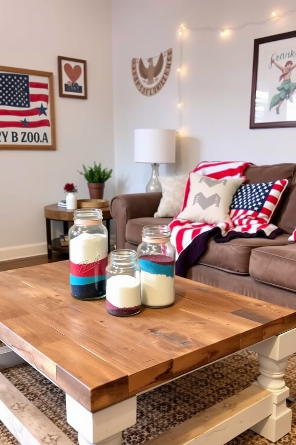 Create a cozy small living room setting that celebrates Independence Day. Incorporate decorative jars filled with colored sand in red white and blue hues placed on a rustic wooden coffee table. The walls should be adorned with festive artwork and a comfortable sofa draped with a patriotic throw blanket. Add subtle lighting with string lights to enhance the celebratory atmosphere.