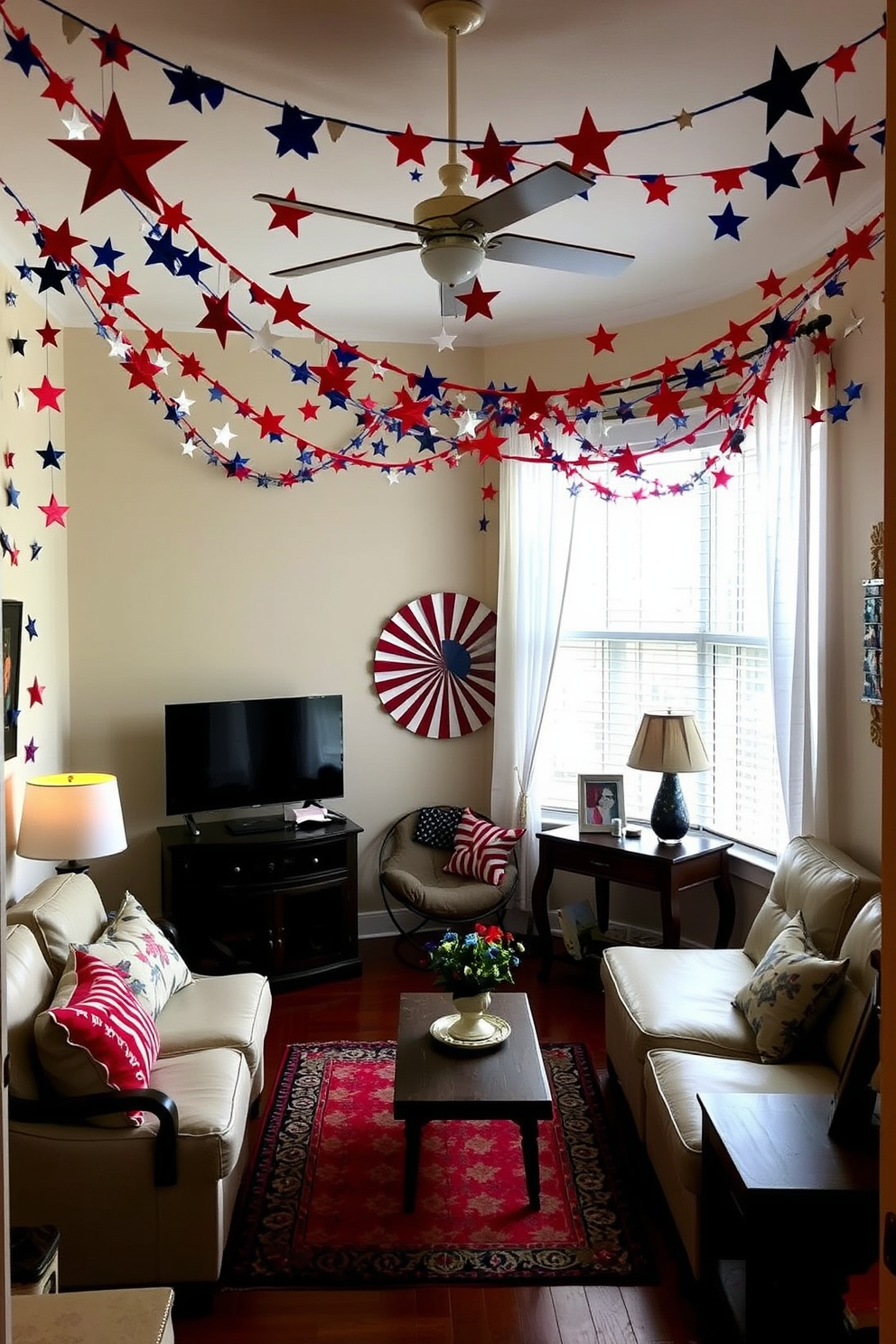 A charming small living room decorated for Independence Day. The walls are adorned with DIY star garlands in red white and blue, creating a festive atmosphere.