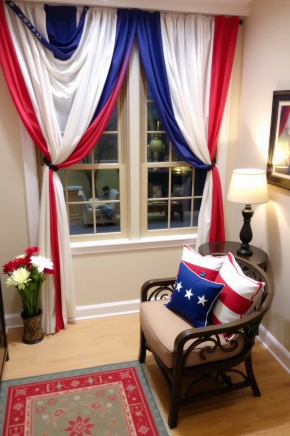 Festive window treatments in tricolor celebrate Independence Day with vibrant red, white, and blue fabrics elegantly draping the windows. The small living room features a cozy seating arrangement adorned with patriotic throw pillows and a charming area rug that ties the theme together.