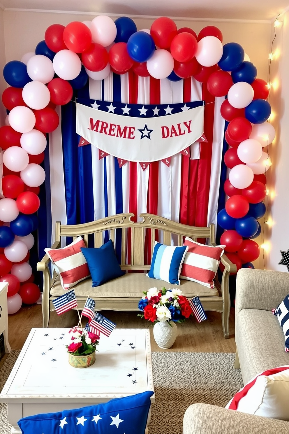 Independence Day themed photo booth area. The backdrop features red white and blue balloons arranged in a festive arch with a large star spangled banner hanging in the center. A vintage wooden bench is placed in front of the backdrop adorned with patriotic cushions. Decorative elements include small flags and a table with themed props like hats and sunglasses for guests to use. Independence Day Small Living Room Decorating Ideas. The living room is decorated with a mix of red white and blue throw pillows on a neutral colored sofa creating a cozy atmosphere. A coffee table is adorned with a centerpiece of fresh flowers in patriotic colors and small decorative flags. String lights in the shape of stars are draped along the walls adding a festive touch to the space.