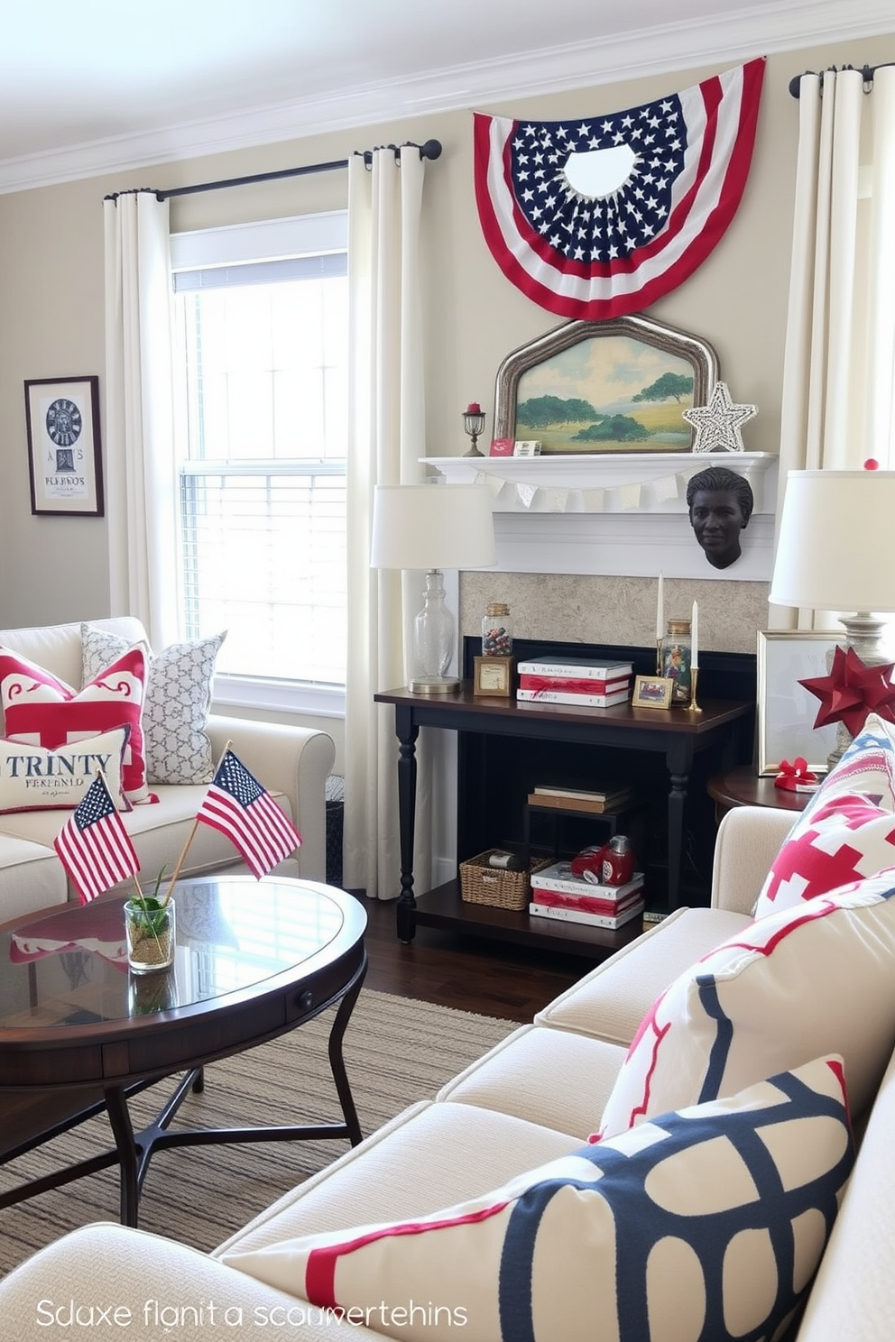 A cozy living room adorned for Independence Day features mini flag centerpieces on each side table, bringing a festive touch to the space. The side tables are styled with red white and blue accents, and comfortable seating invites guests to gather and celebrate.