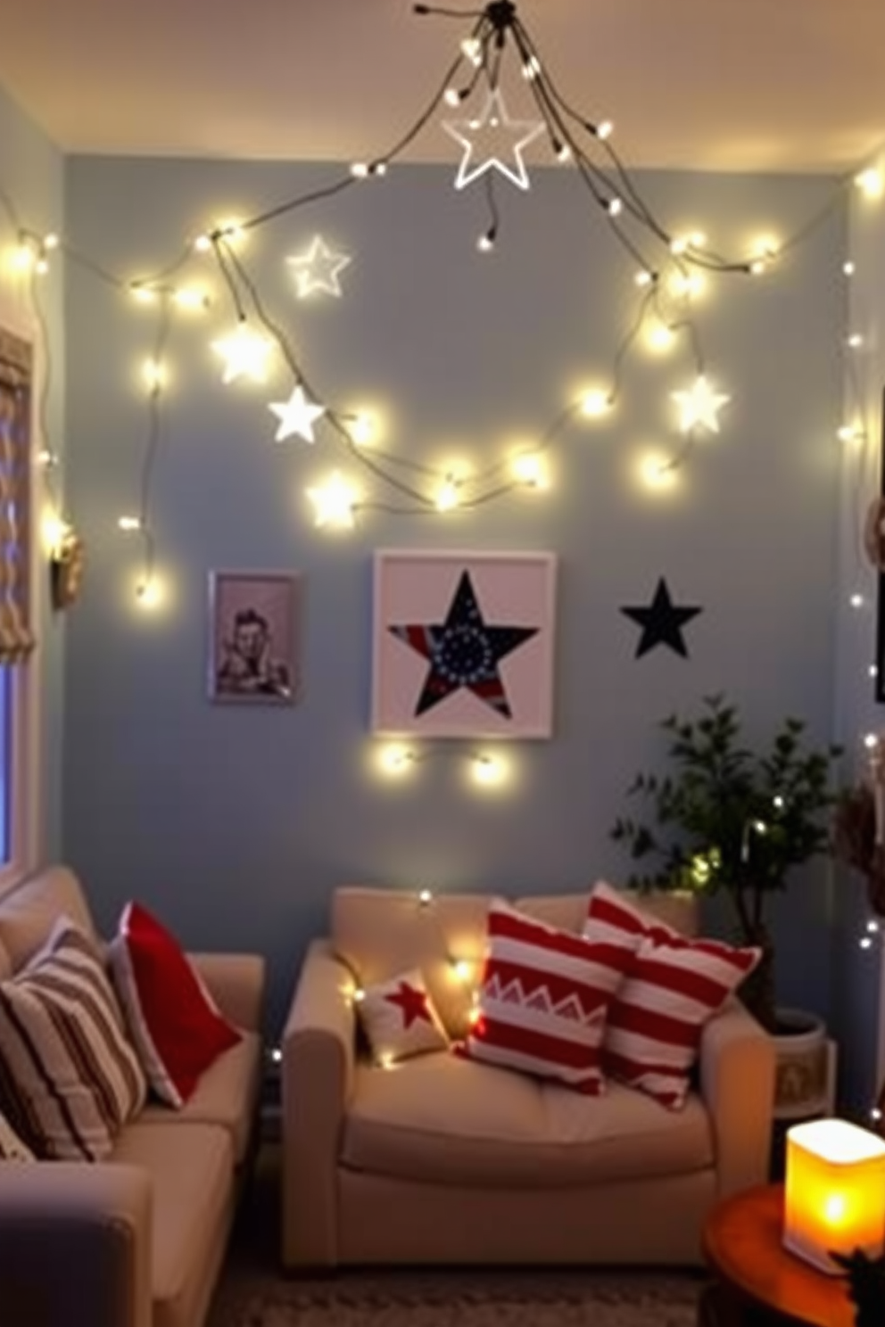 A cozy small living room adorned with star shaped fairy lights creating a warm ambiance for Independence Day celebrations. The walls are painted in a soft blue hue while red and white accents are incorporated through cushions and decorative items.