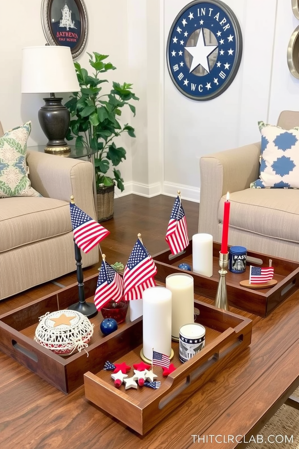 A small living room adorned with decorative trays featuring patriotic items. The trays are arranged on a coffee table, showcasing red white and blue accents along with small flags and themed candles.