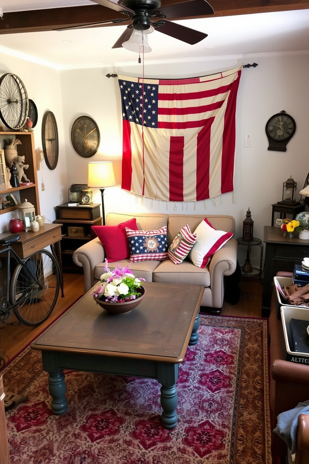 A cozy small living room adorned with vintage Americana decor pieces that evoke a sense of nostalgia. Red white and blue accents are featured prominently through throw pillows and a flag-themed wall hanging. The room is filled with charming antique furniture including a weathered wooden coffee table and a patterned area rug. Subtle decorations like a vintage bicycle and old-fashioned lanterns add character and warmth to the space.