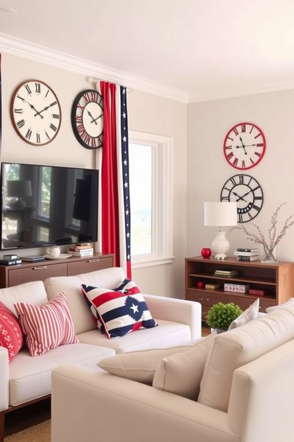 Themed wall clocks in national colors create a festive atmosphere for Independence Day celebrations. In a small living room, these clocks can be strategically placed to enhance the decor while showcasing patriotic spirit. Incorporate a mix of red, white, and blue accents throughout the space to complement the wall clocks. Use minimalist furniture to maintain an open feel while adding decorative elements that reflect the holiday theme.