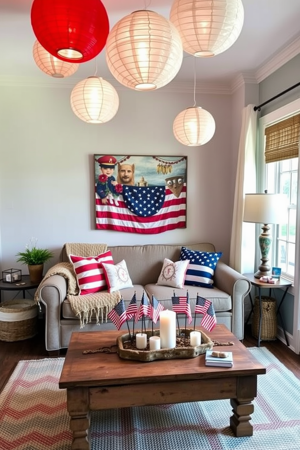 Create a cozy small living room setting that celebrates Independence Day. Incorporate DIY paper lanterns in red, white, and blue hanging from the ceiling, adding a festive touch to the space. Arrange a comfortable sofa adorned with patriotic throw pillows and a woven blanket. Place a rustic coffee table in front, decorated with a centerpiece of small flags and candles for a warm ambiance.