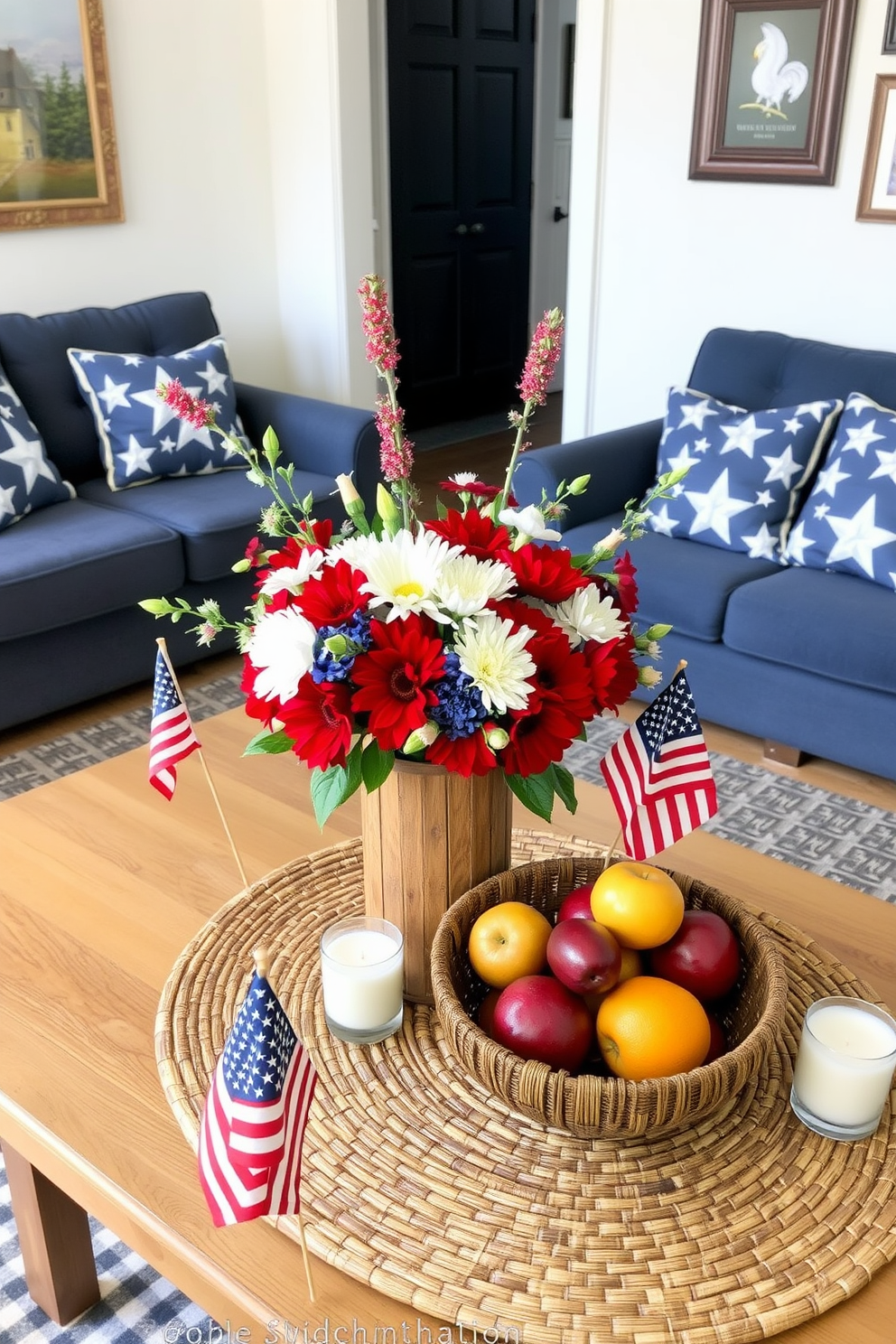 A festive table centerpiece for Independence Day features a vibrant arrangement of red white and blue flowers in a rustic wooden vase. Surrounding the vase are small American flags strategically placed to enhance the patriotic theme. The small living room is decorated with a cozy seating area that includes a navy blue couch adorned with star-patterned cushions. A woven coffee table holds a decorative bowl filled with seasonal fruits and a few candles to create a warm inviting atmosphere.