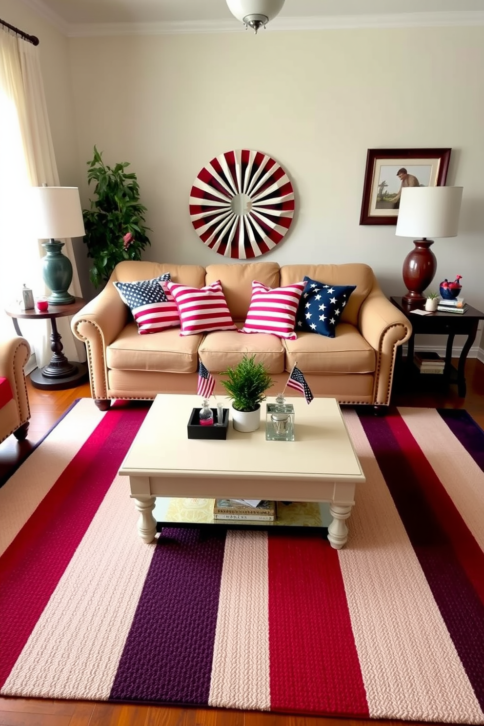 A cozy living room adorned with a striped area rug in vibrant national colors celebrating Independence Day. The rug complements a comfortable sofa with patriotic throw pillows, while a coffee table sits at the center, decorated with festive decorations and a small potted plant.