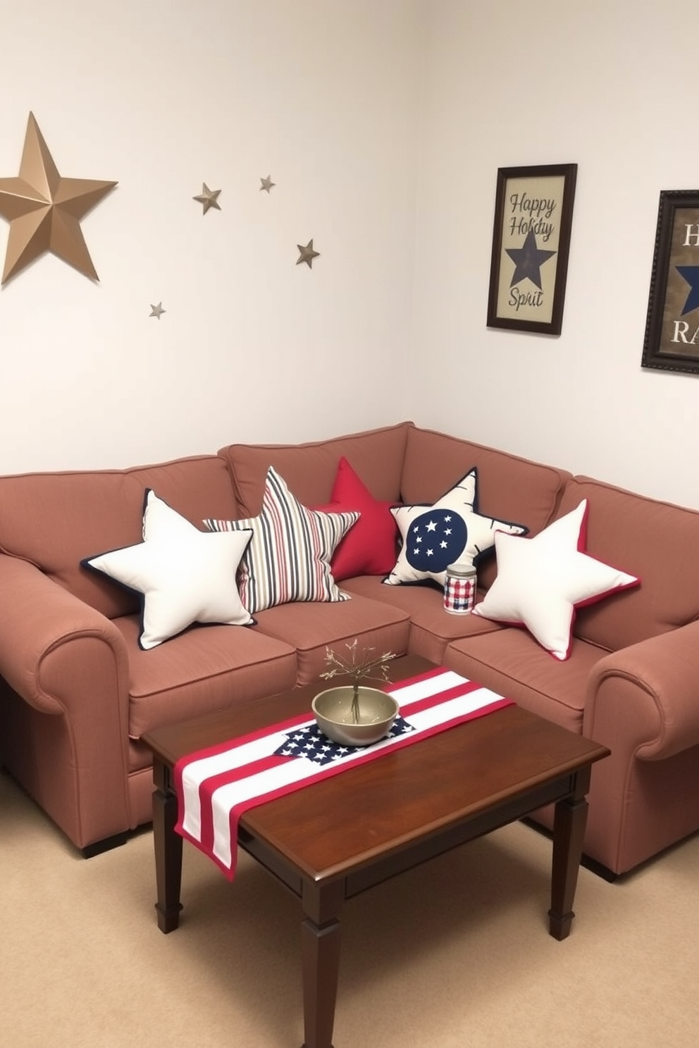 Star shaped cushions are arranged on a cozy sofa in a small living room. The cushions feature a mix of red white and blue fabrics adding a festive touch for Independence Day. A small coffee table sits in front of the sofa adorned with a patriotic table runner. The walls are decorated with subtle star motifs and a few framed artworks celebrating the holiday spirit.