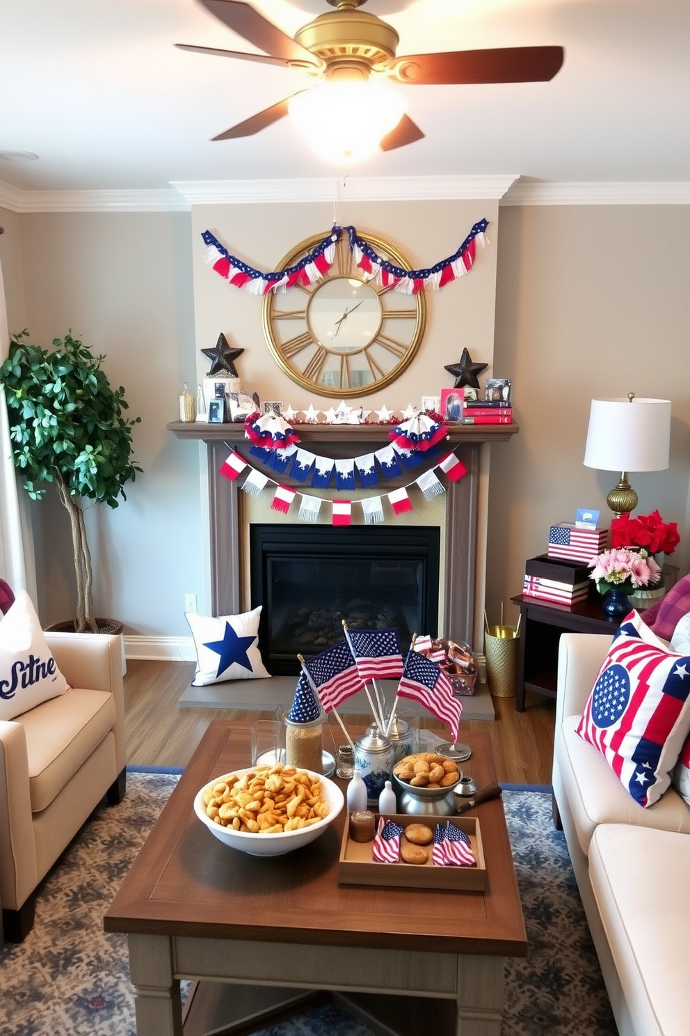 A cozy small living room decorated for Independence Day features a charming mantel adorned with colorful bunting garlands in red white and blue. The space is enhanced by a comfortable sofa with patriotic throw pillows and a coffee table displaying festive decorations and snacks.