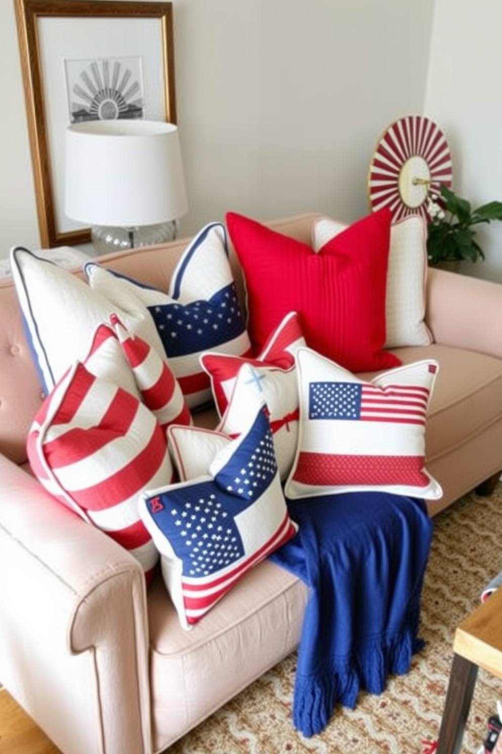 Cozy living room adorned with red white and blue throw pillows celebrating Independence Day. The pillows are arranged on a compact sofa, creating a festive and inviting atmosphere perfect for small space decorating.