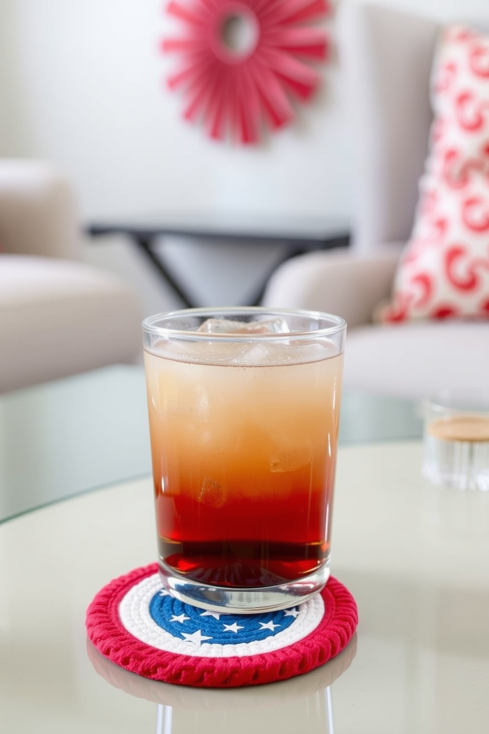 Patriotic themed coasters for drinks designed for Independence Day. The coasters feature a vibrant red, white, and blue color palette with stars and stripes, perfect for celebrating the holiday. Small space decorating ideas that maximize functionality while maintaining style. Incorporate multi-purpose furniture, such as a foldable dining table and storage ottomans, to create an inviting atmosphere in compact areas.