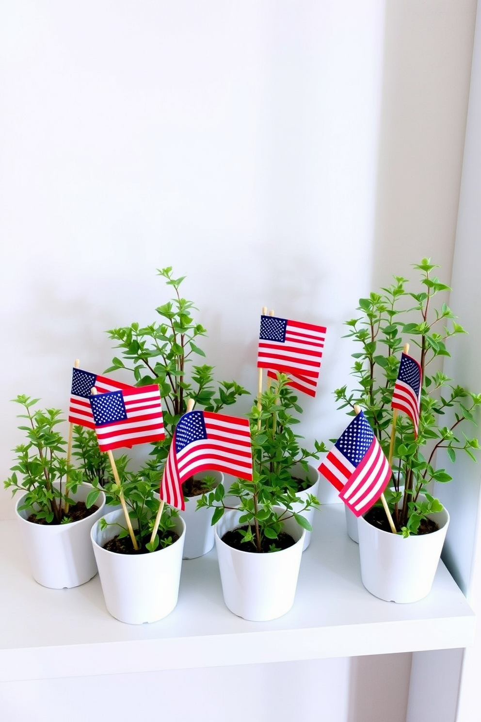 Small potted plants with flag accents are arranged on a minimalist shelf. Each plant is in a simple white pot, adding a touch of greenery while celebrating Independence Day. The vibrant flags are attached to toothpicks, standing proudly among the plants. This small space decorating idea brings a festive and refreshing atmosphere to any room.