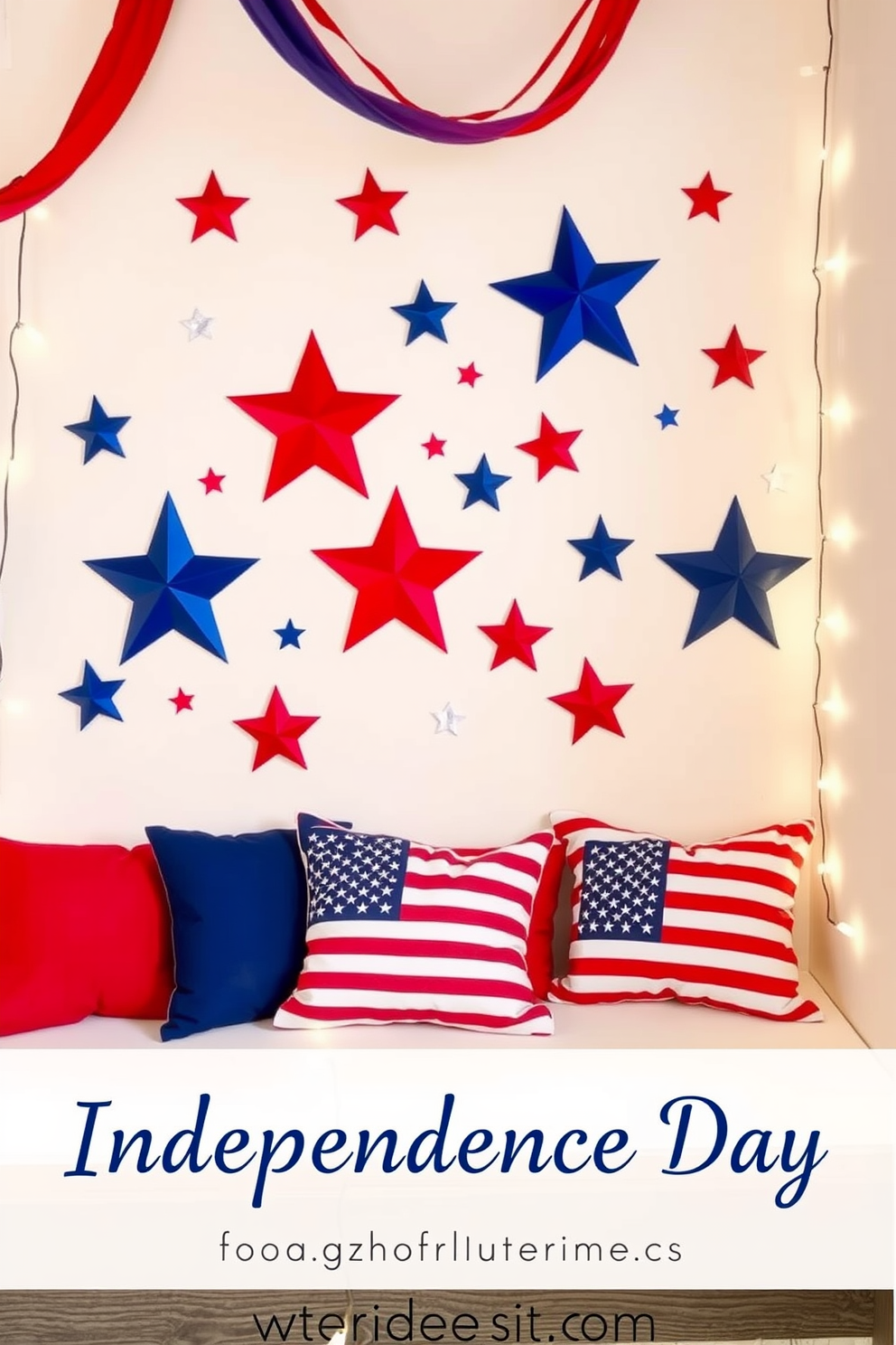 Independence Day themed wall decals featuring stars and stripes in vibrant red white and blue colors. The decals are arranged creatively on a light-colored wall to enhance the festive atmosphere. Independence Day small space decorating ideas that incorporate patriotic colors and elements. Utilize decorative cushions with flag motifs and string lights to create a cozy and celebratory ambiance.