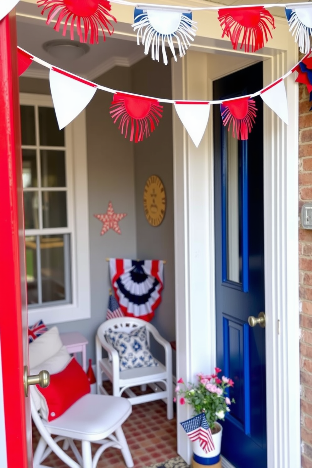 A festive bunting is strung above the doorways, adorned with red white and blue colors to celebrate Independence Day. The small space is decorated with minimalist furniture and patriotic accents, creating a cheerful and inviting atmosphere.