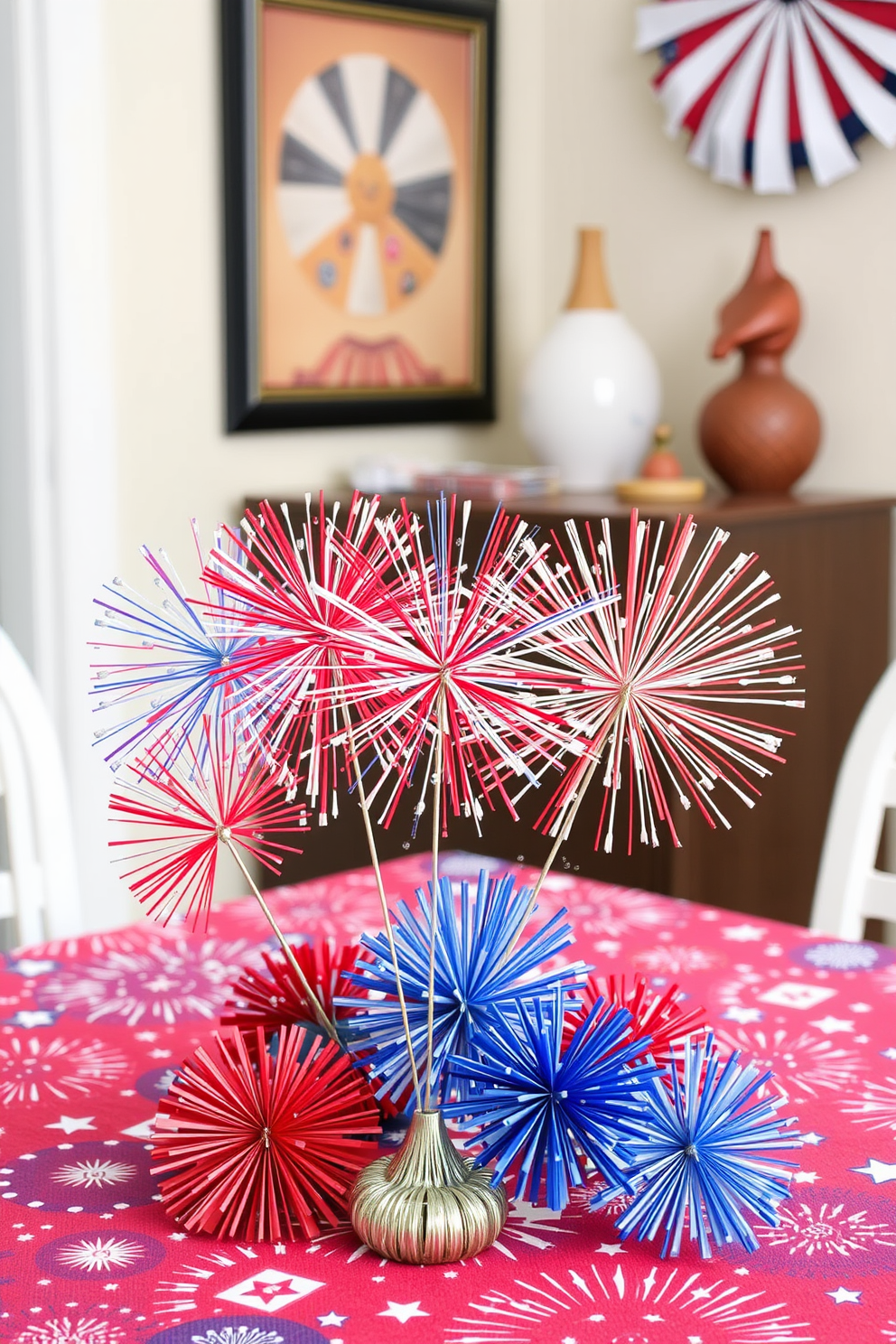 Tabletop fireworks decorations for flair. Create a festive atmosphere with colorful miniature fireworks made from paper and metallic materials, arranged in clusters on a vibrant tablecloth. Independence Day small space decorating ideas. Use red, white, and blue accents like throw pillows and wall art to celebrate the holiday while maximizing the use of vertical space with hanging decorations.