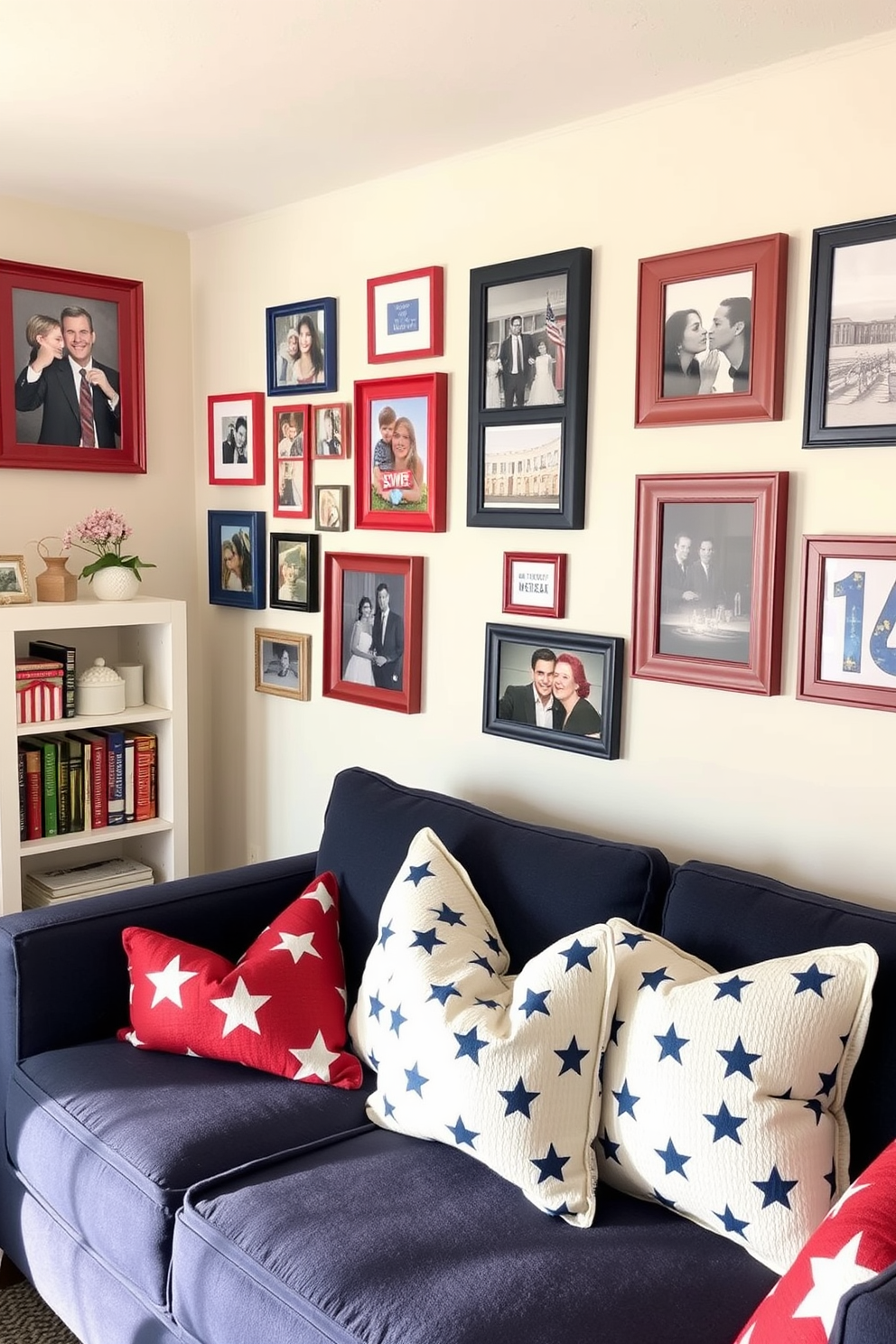 A cozy living room adorned with red white and blue picture frames celebrating Independence Day. The walls are painted in a soft cream color, and a small gallery wall features a mix of family photos and patriotic art in vibrant frames. In the corner, a compact bookshelf holds an array of decorative items and books with red and blue covers. A plush navy sofa is accented with throw pillows in star patterns, creating a festive yet inviting atmosphere.