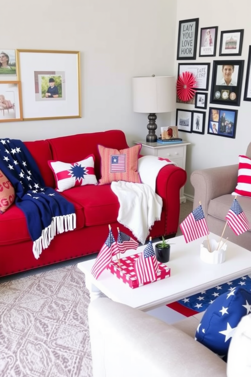 A cozy living room featuring patriotic themed throw blankets draped over plush couches in red, white, and blue. The space is accented with festive decor including stars and stripes pillows, creating a cheerful ambiance for Independence Day celebrations. A stylish small space that maximizes functionality while incorporating patriotic elements. The decor includes a compact coffee table adorned with mini flags and a gallery wall showcasing framed art celebrating American heritage.