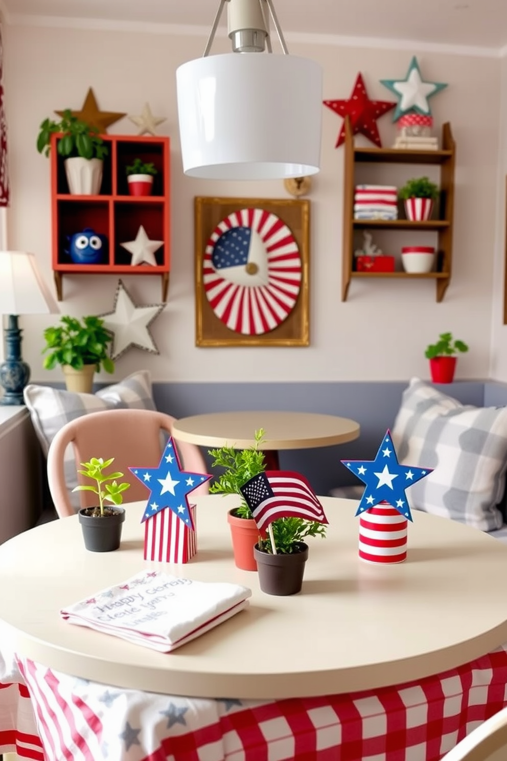 A charming dining area featuring star and stripe napkin holders that celebrate Independence Day. The table is set with a red and white checkered tablecloth, and small potted plants add a touch of greenery to the space. Creative small space decorating ideas include wall-mounted shelves adorned with patriotic decor. A cozy seating arrangement with a compact dining table enhances the festive atmosphere while maximizing functionality.