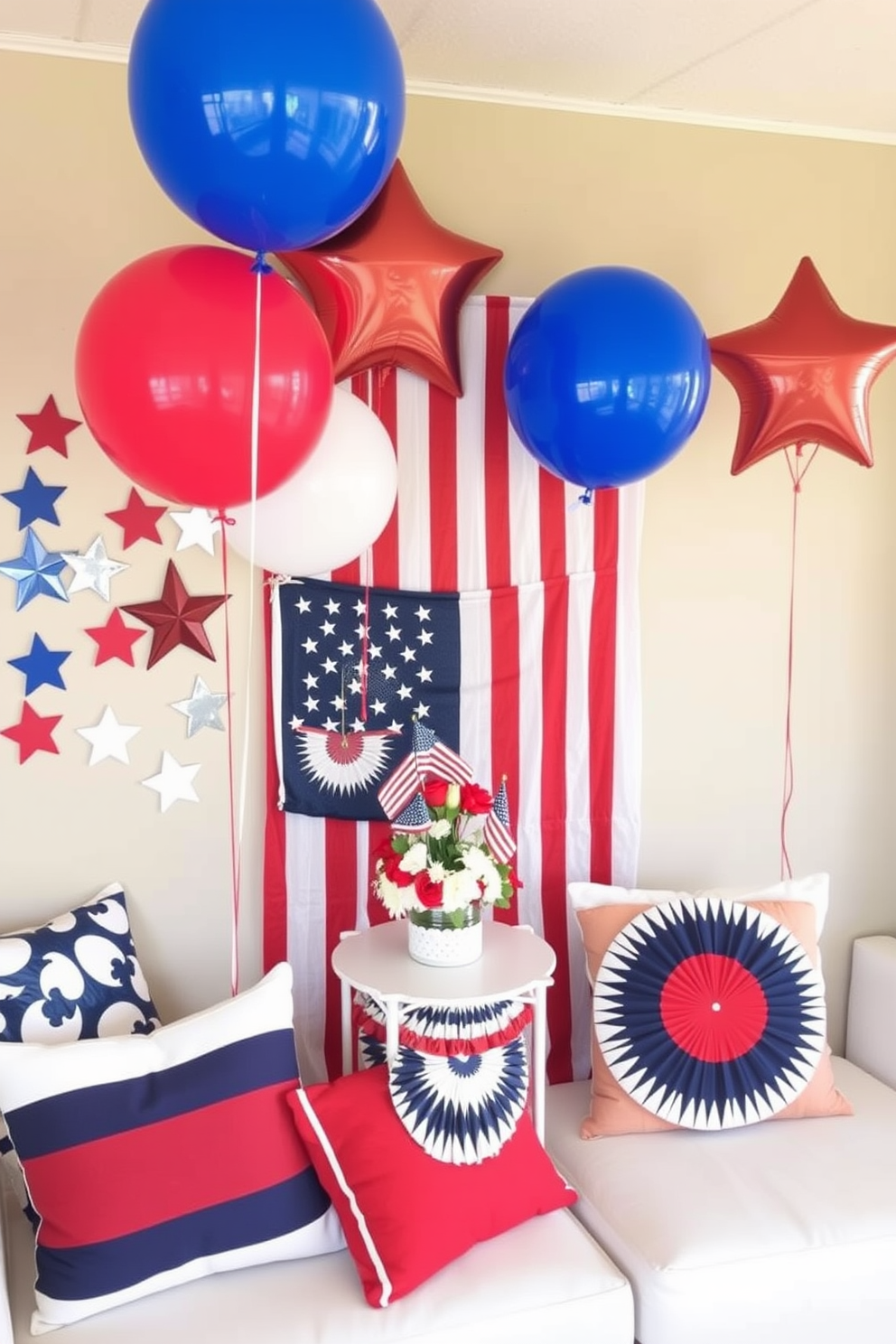 A vibrant DIY Independence Day photo booth features colorful red white and blue decorations. There are star shaped cutouts balloons and a festive backdrop with a large American flag. For small space decorating ideas for Independence Day consider using compact decorations like mini flags and themed table centerpieces. Incorporate red white and blue cushions or throws to create a festive atmosphere without overwhelming the space.