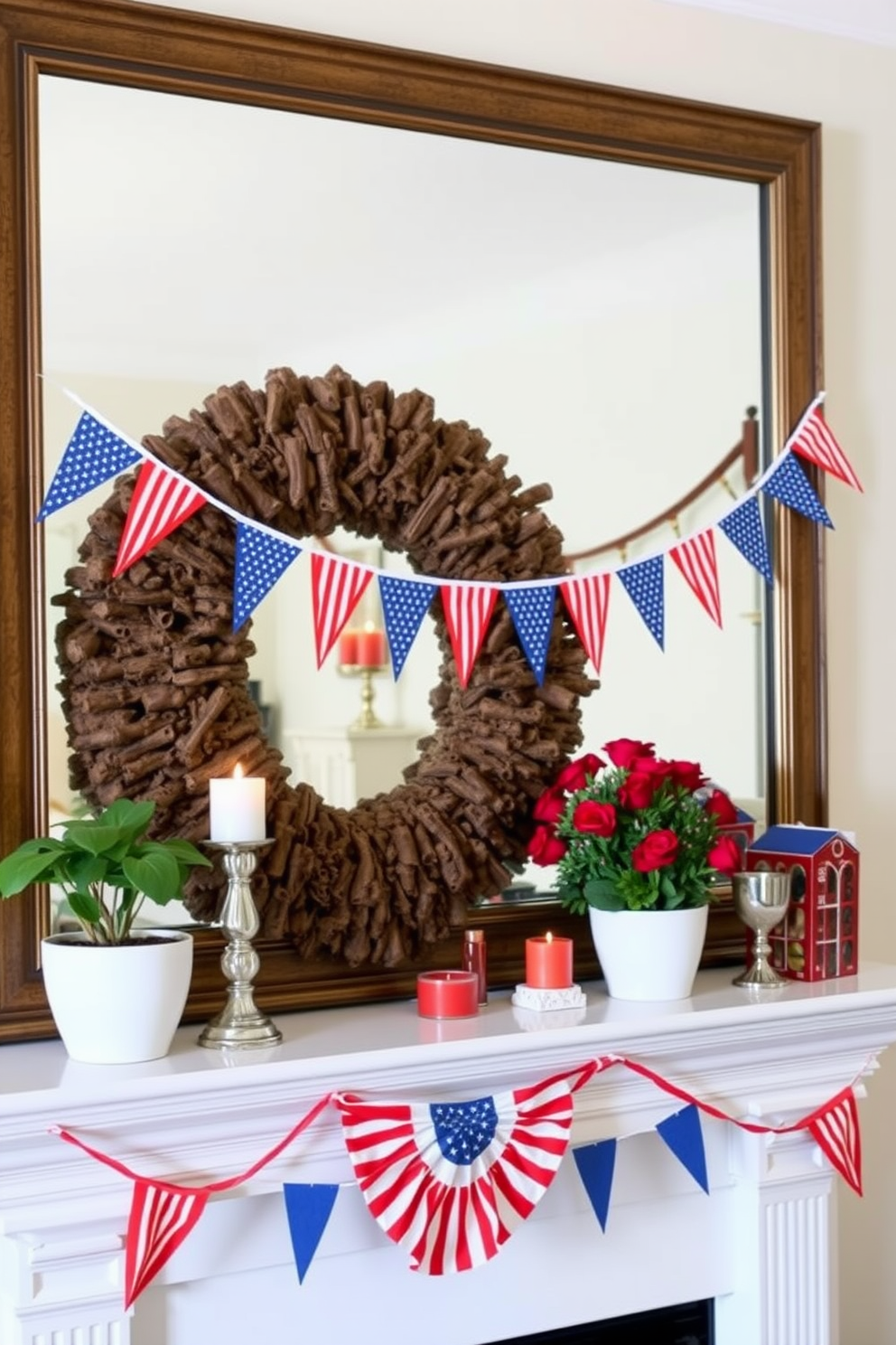 Mini flag banners drape elegantly across the mantel, celebrating Independence Day with vibrant colors and festive spirit. The banners add a cheerful touch to the small space, enhancing the cozy atmosphere while maintaining a stylish decor. Incorporating small decorative elements like red, white, and blue accents can elevate the overall look. Thoughtfully arranged candles and potted plants complement the mini flag banners, creating a balanced and inviting display.