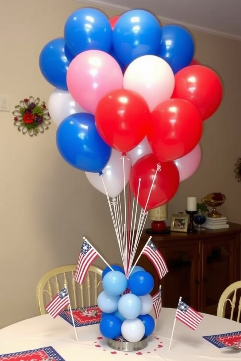 Creative use of red white and blue balloons for Independence Day celebrations. Arrange clusters of balloons in varying sizes to create a festive atmosphere in your small space. Incorporate these colors into a table centerpiece by tying the balloons to a decorative weight. Use additional accents like small flags or themed tableware to enhance the patriotic theme.