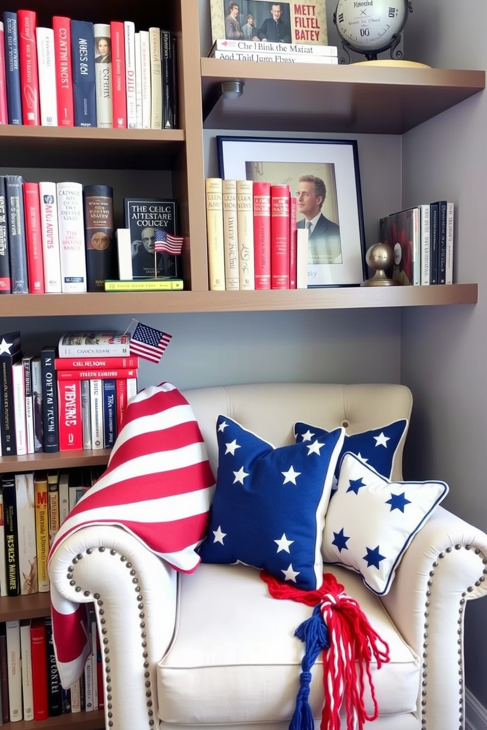 A patriotic themed bookshelf filled with red white and blue books showcasing classic American literature and history. The display features a mix of vintage and modern bookends along with small decorative items like flags and stars to enhance the Independence Day theme. A cozy reading nook in a small space decorated with patriotic accents including a striped throw blanket and star patterned cushions. The arrangement utilizes vertical space with shelves above a compact armchair creating an inviting atmosphere for celebrating the spirit of Independence Day.