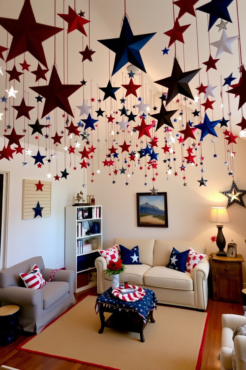 A cozy living room adorned with hanging stars from the ceiling, creating a festive atmosphere for Independence Day. The space features a small, comfortable sofa with patriotic throw pillows and a coffee table decorated with red, white, and blue accents. In one corner, a small bookshelf displays books and decorative items that celebrate the holiday. The walls are painted in a soft white, allowing the vibrant colors of the decorations to stand out beautifully.