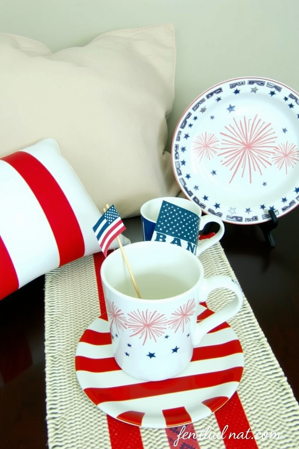 A festive Independence Day themed dishware set featuring red white and blue colors with star and stripe patterns. The plates and cups are adorned with fireworks designs creating a celebratory atmosphere for your holiday gatherings. Charming small space decorating ideas for Independence Day include using patriotic throw pillows and table runners. Incorporate miniature flags and red white and blue accents to create a cozy and festive environment.