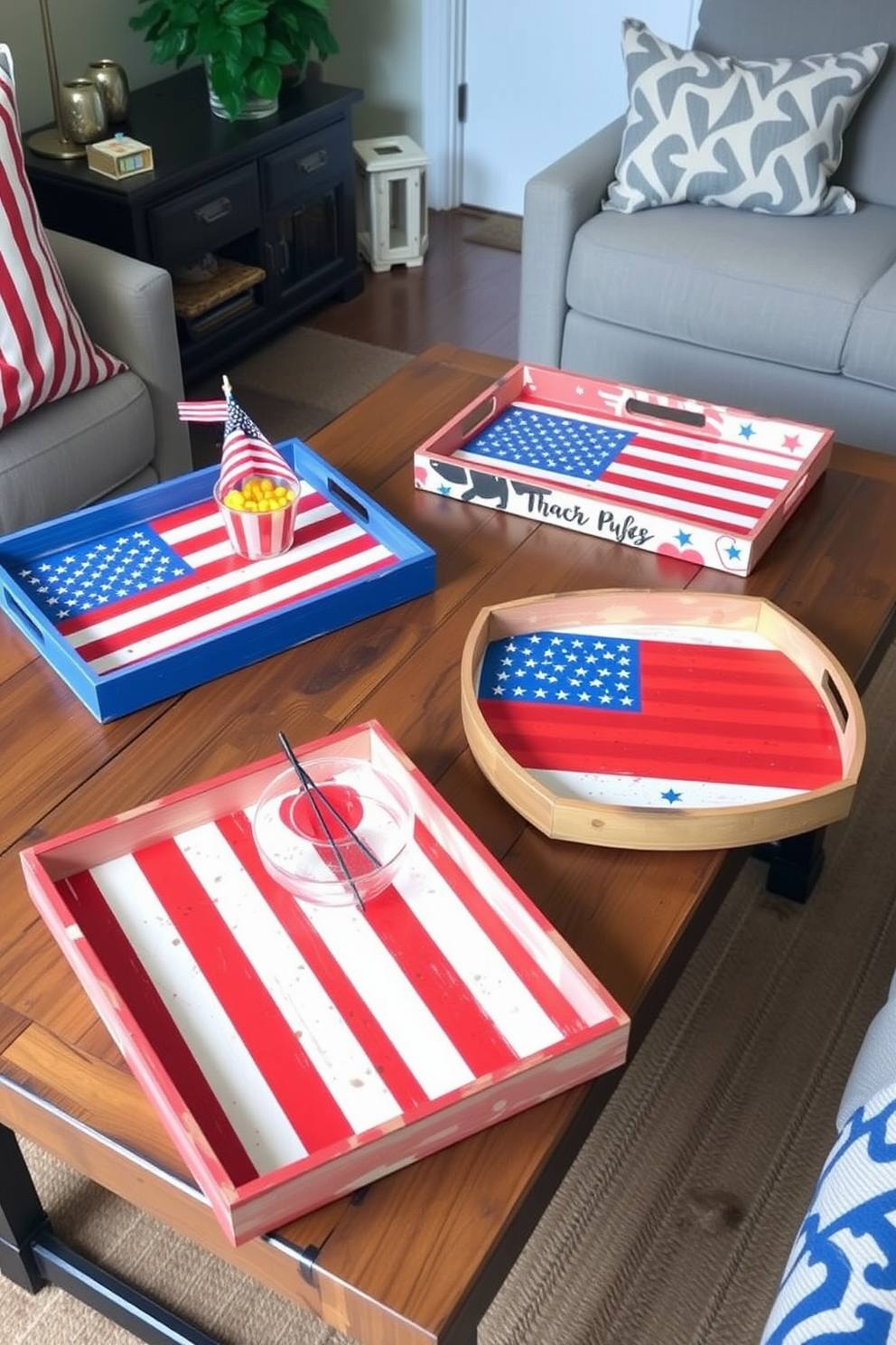 Decorative trays featuring vibrant flag motifs are arranged on a rustic wooden table. These trays are perfect for showcasing snacks and drinks during an Independence Day celebration, adding a festive touch to your small space. In a cozy living area, the trays can be displayed on a coffee table or used as centerpieces. Their bright colors and patriotic designs bring a sense of holiday spirit while maintaining a stylish decor aesthetic.