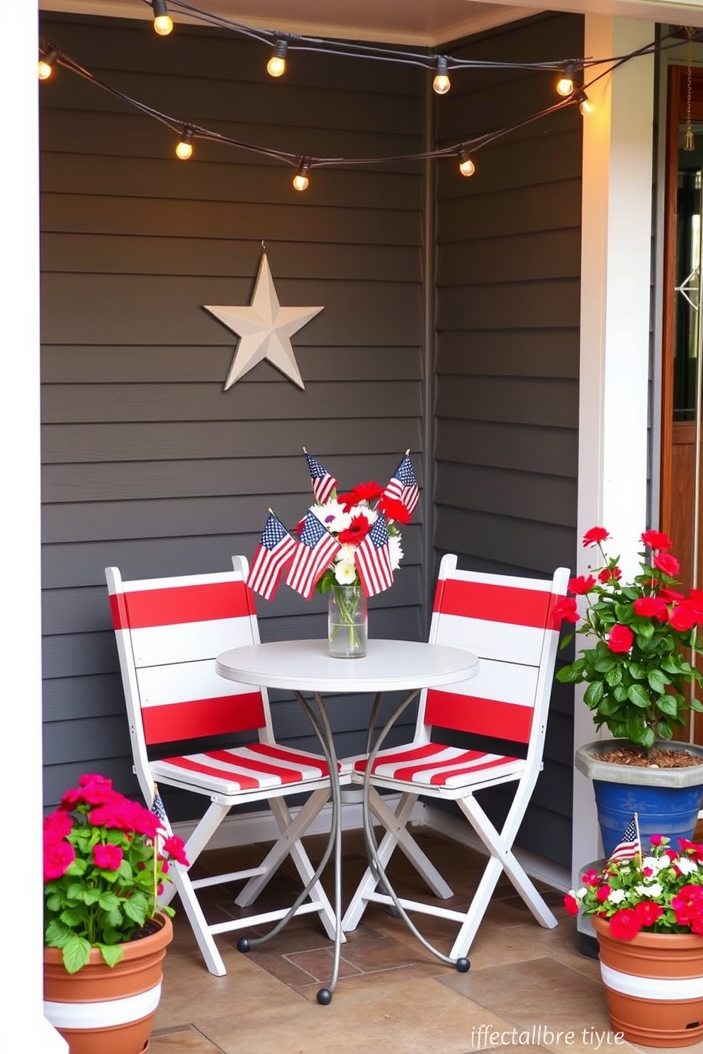 A charming small outdoor seating area decorated for Independence Day features a cozy bistro table with two red and white striped chairs. The table is adorned with a festive centerpiece of mini American flags and a vase of red, white, and blue flowers. String lights are draped overhead, creating a warm and inviting atmosphere for evening gatherings. Potted plants with vibrant blooms frame the seating area, adding a touch of greenery and color to the festive decor.