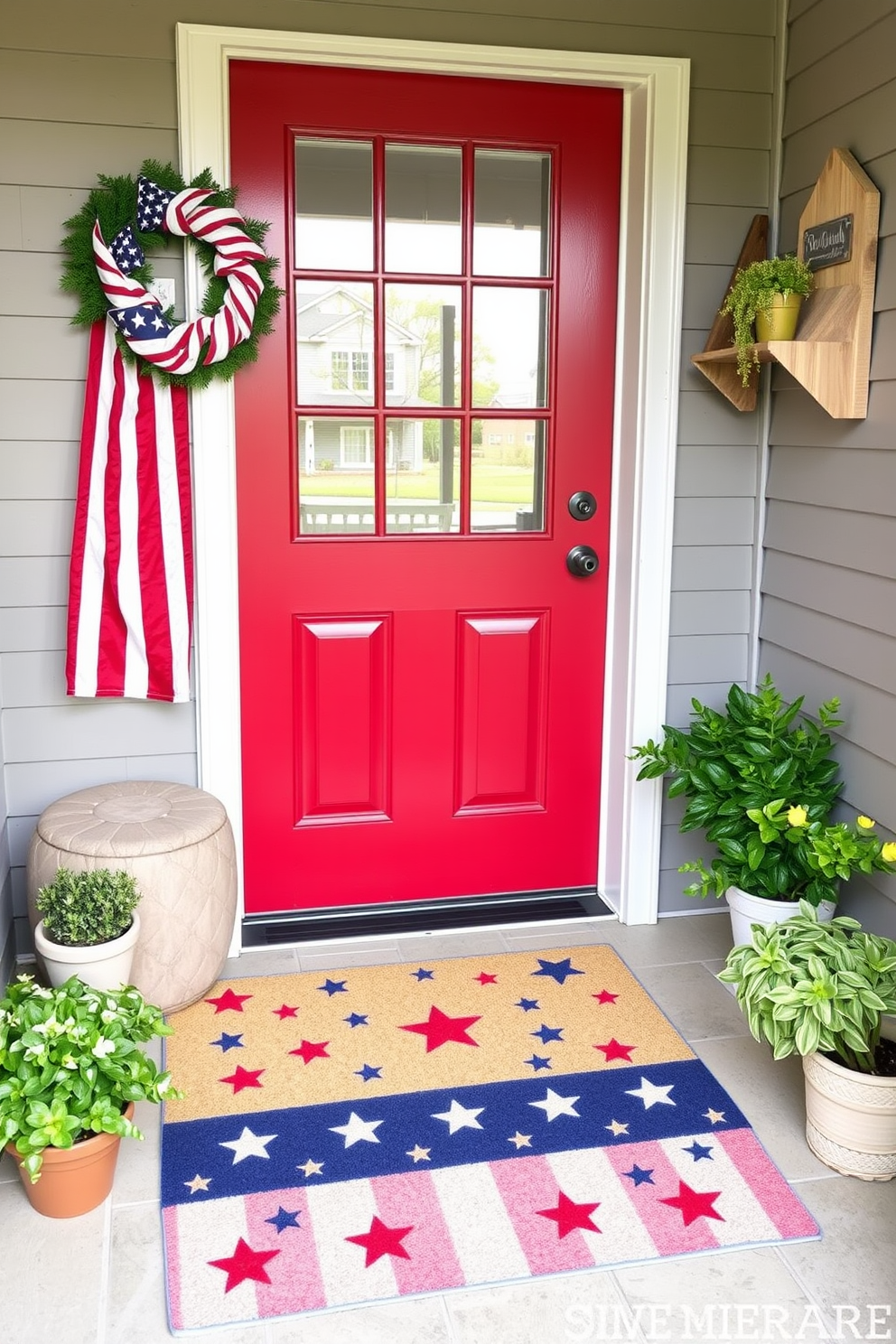 A patriotic themed door mat welcomes guests with vibrant red white and blue colors featuring stars and stripes. The entryway is adorned with small potted plants and a cheerful wreath to enhance the festive atmosphere for Independence Day. For small space decorating ideas consider using multi-functional furniture like a storage ottoman or a wall-mounted shelf. Incorporate mirrors to create an illusion of more space while adding decorative elements that reflect your personal style.