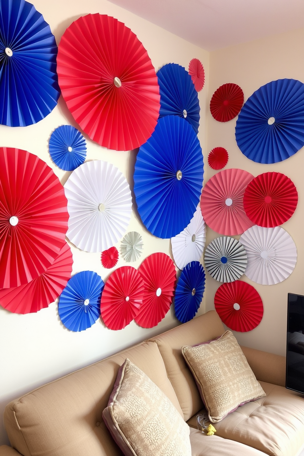 A vibrant display of colorful paper fans adorns the walls, celebrating the spirit of Independence Day. These fans in red, white, and blue create a festive atmosphere while maximizing the limited space available. In a small living area, the fans are arranged in a playful pattern, adding depth and visual interest to the room. This clever use of wall decor transforms the space into a cheerful and inviting environment.