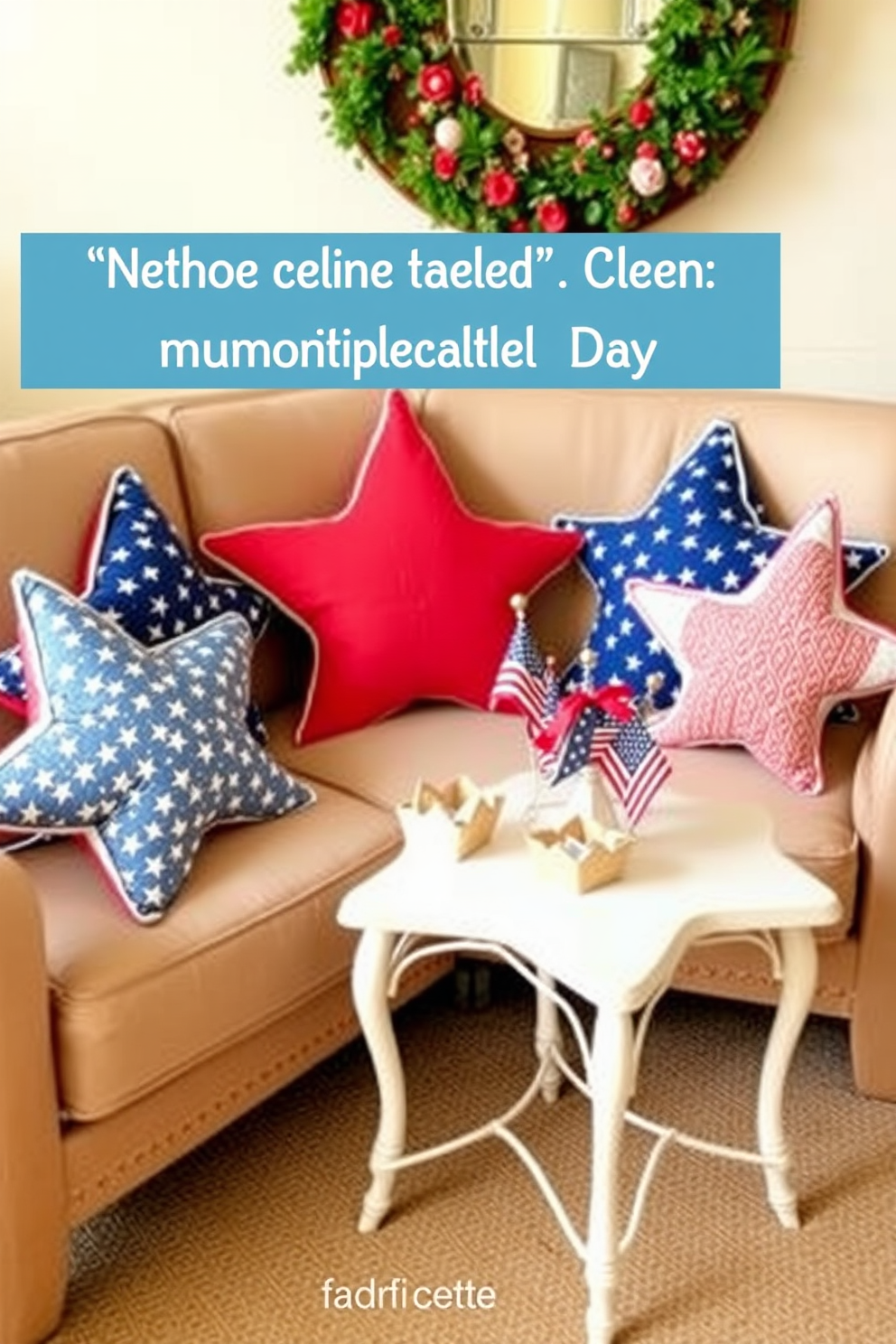 Star shaped cushions are arranged on a cozy seating area designed for Independence Day celebrations. The cushions feature a mix of red white and blue fabrics adding a festive touch to the small space. Incorporate a small coffee table adorned with patriotic decorations to complement the star shaped cushions. Use a neutral color palette for the surrounding furniture to enhance the vibrant colors of the cushions.