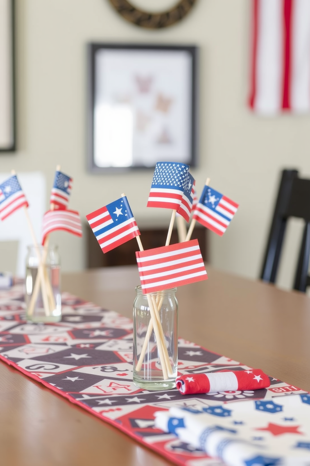 Miniature flags in vibrant colors arranged in small glass vases serve as charming centerpieces for tables celebrating Independence Day. These delightful decorations add a festive touch while maintaining a clean and organized look in any small space. Incorporate red, white, and blue elements through patterned table runners and coordinating napkins. This cohesive design creates an inviting atmosphere for gatherings while maximizing the use of limited space.