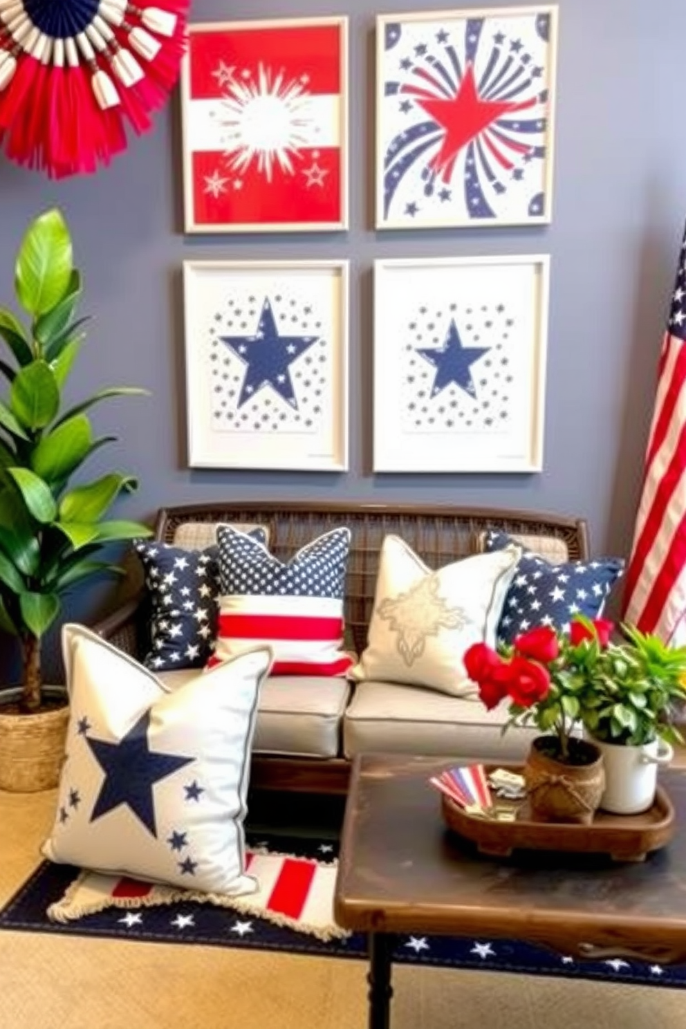 Independence Day themed wall art prints. The design features vibrant red white and blue colors with stars and stripes motifs that evoke a festive atmosphere. Independence Day small space decorating ideas. Incorporate patriotic accents such as throw pillows and table runners while utilizing vertical space for decorations to maximize the area.