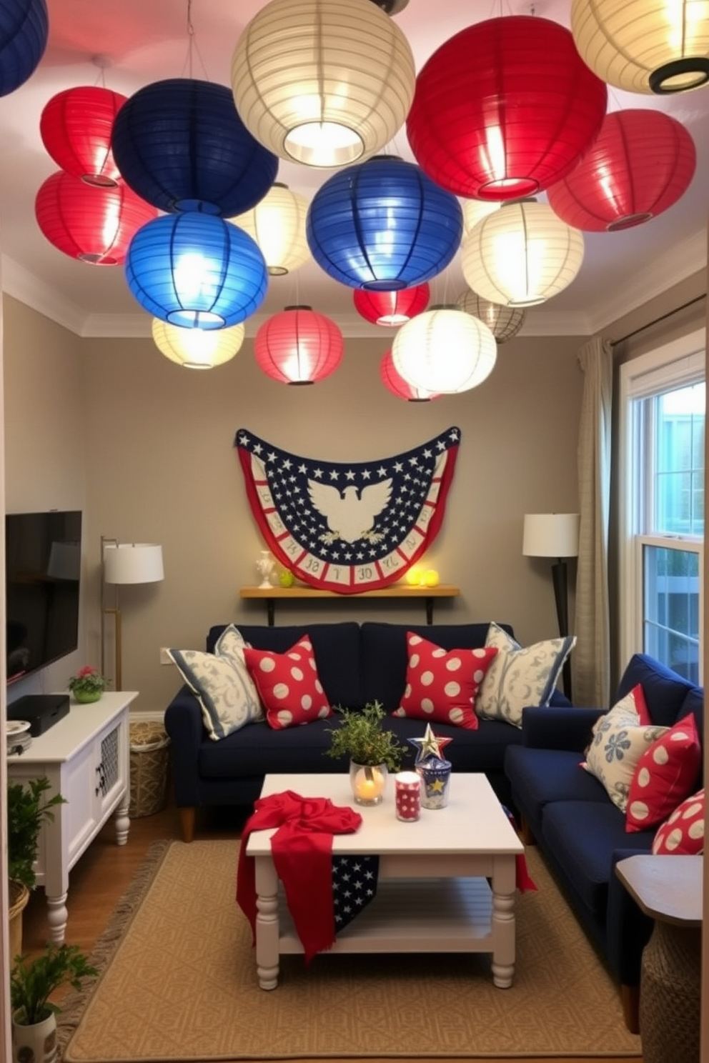 A cozy small living area decorated for Independence Day features hanging paper lanterns in red, white, and blue. The lanterns are suspended from the ceiling, casting a warm glow over a compact seating arrangement with a navy blue sofa and a white coffee table adorned with festive decorations.