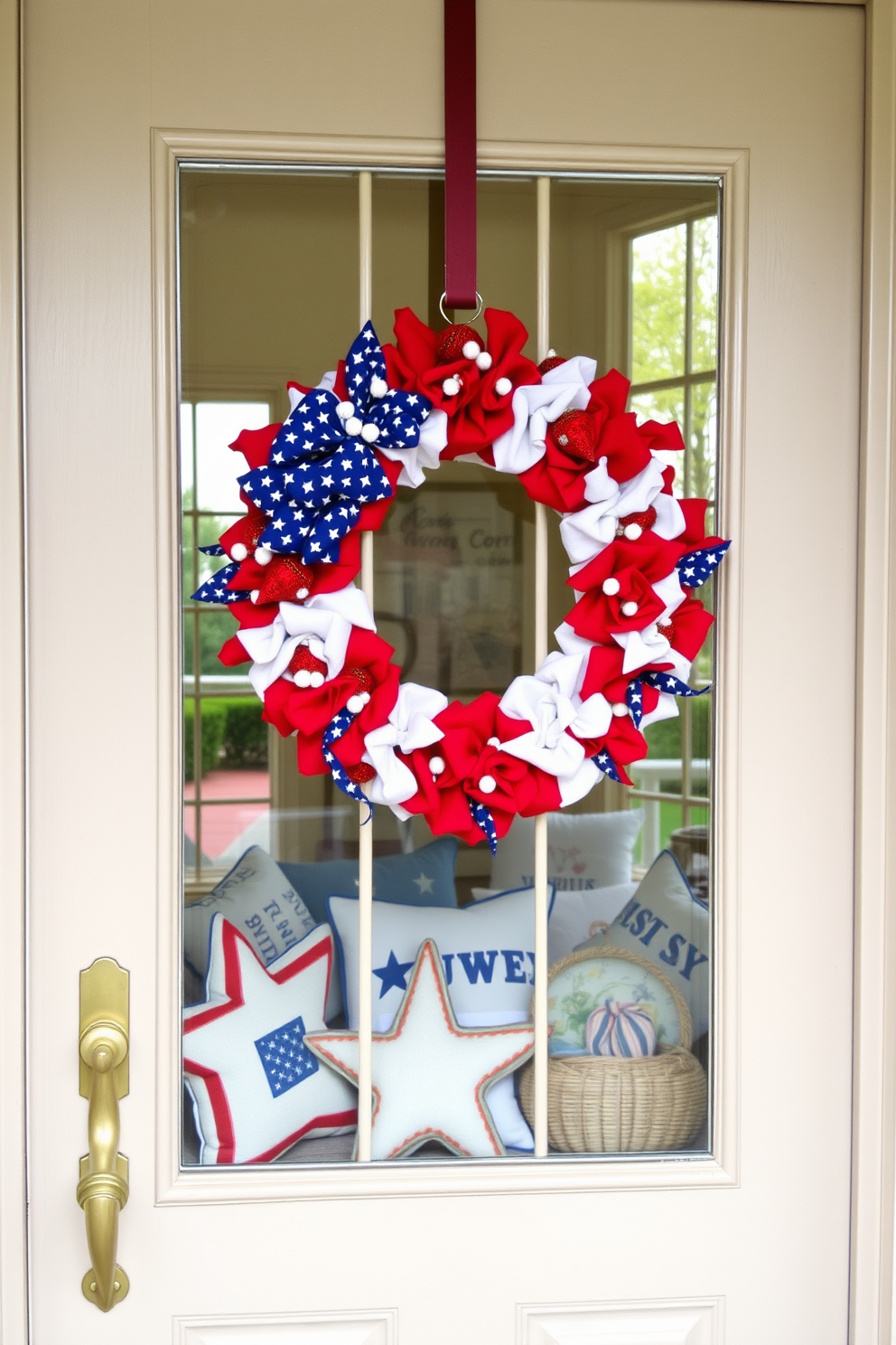 A decorative wreath featuring red white and blue elements is hung on the front door creating a festive and welcoming atmosphere for Independence Day. Inside the small space a collection of star shaped decorations and themed throw pillows adds a touch of holiday spirit while maintaining a cozy feel.