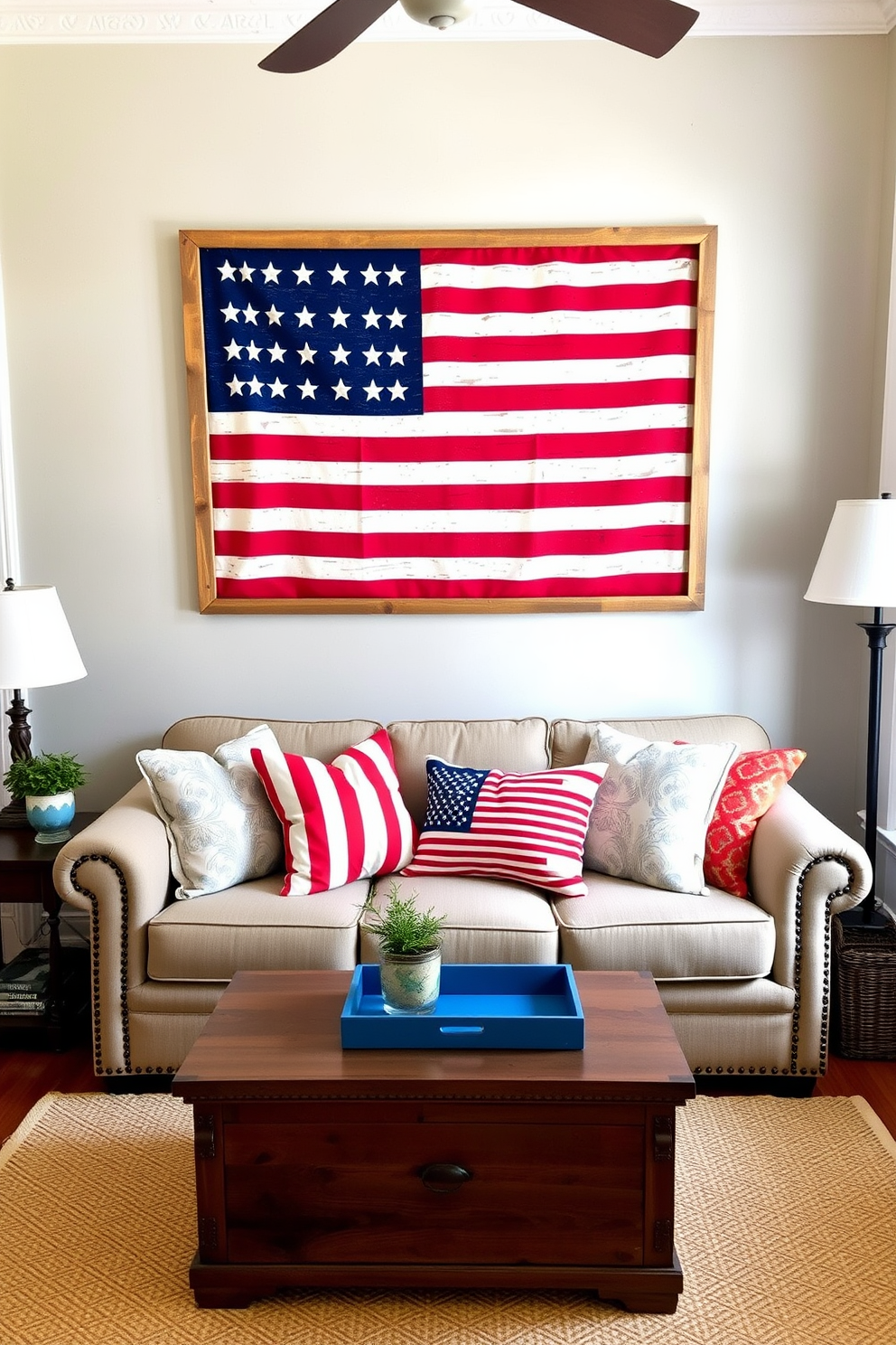 A charming living room adorned with vintage flag art that celebrates Independence Day. The artwork is framed in rustic wood and hangs above a cozy sofa, creating a patriotic focal point in the room. To maximize the small space, a multi-functional coffee table with storage is placed in front of the sofa. Bright throw pillows in red, white, and blue add a festive touch while maintaining a comfortable atmosphere.