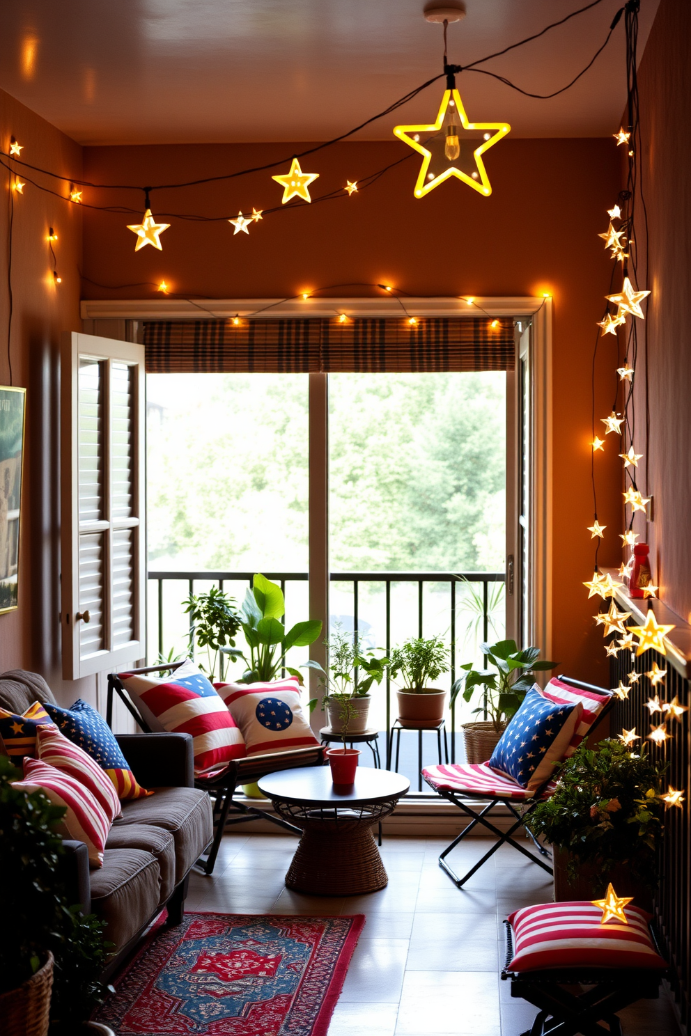 A cozy living room adorned with star shaped fairy lights creating a warm ambiance for Independence Day celebrations. The lights twinkle softly against the backdrop of red white and blue decorations enhancing the festive spirit in a small space. A charming balcony setting featuring star shaped fairy lights strung along the railing adding a magical touch for Independence Day gatherings. Potted plants and patriotic cushions create an inviting atmosphere perfect for enjoying summer evenings.