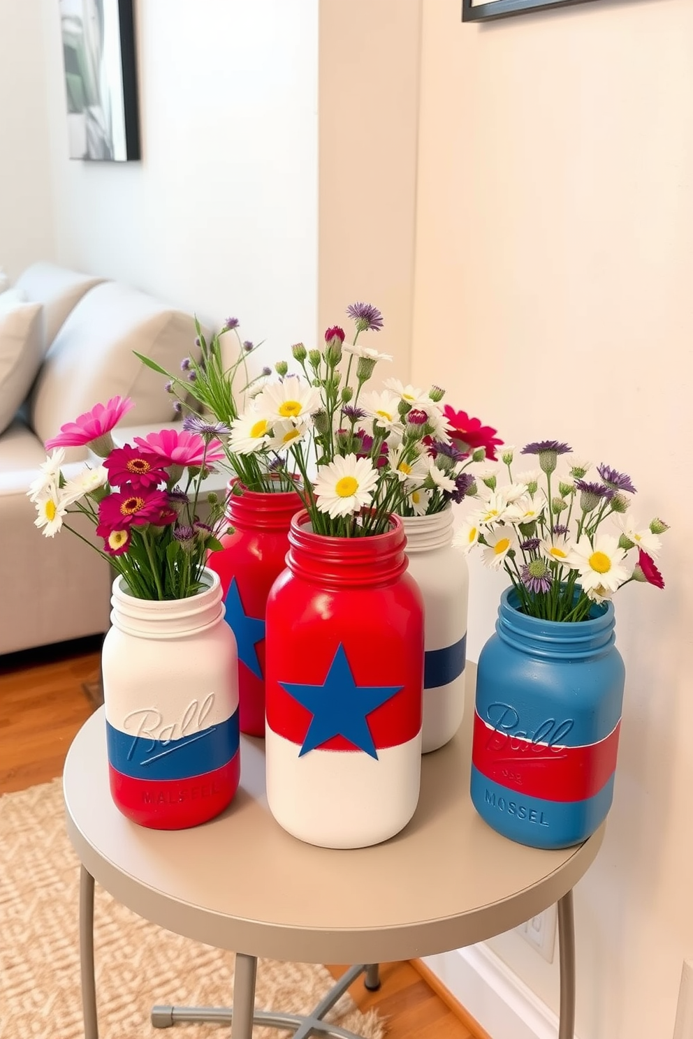 A collection of DIY painted mason jars serves as vibrant vases for a festive Independence Day celebration. The jars are adorned with red white and blue paint, filled with fresh wildflowers, and arranged on a small table to create a charming patriotic display. In a cozy apartment setting, these mason jar vases add a touch of creativity and color to limited spaces. Their rustic appeal complements minimalist decor while providing a personalized element to the holiday decor.