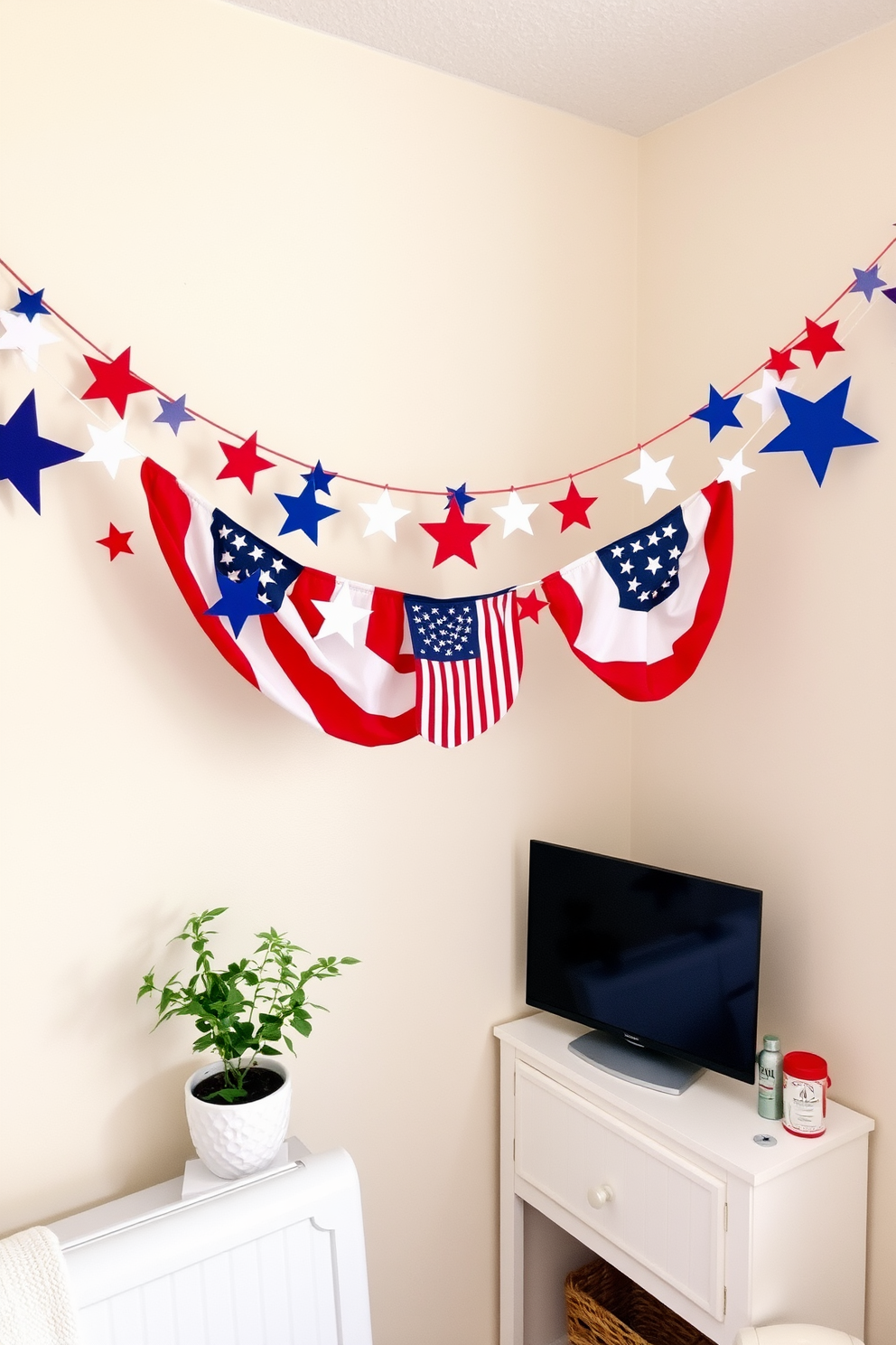 A festive garland adorned with stars and stripes hangs across the wall, celebrating Independence Day with vibrant colors. In a cozy small space, the garland adds a touch of patriotic charm while complementing the minimalist decor.