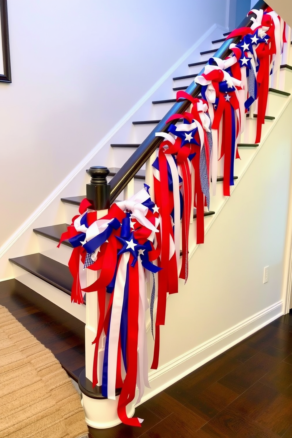 A festive staircase adorned with a red white and blue garland that drapes elegantly from the banister. The garland features a mix of ribbons and stars, creating a vibrant and patriotic atmosphere for Independence Day celebrations.