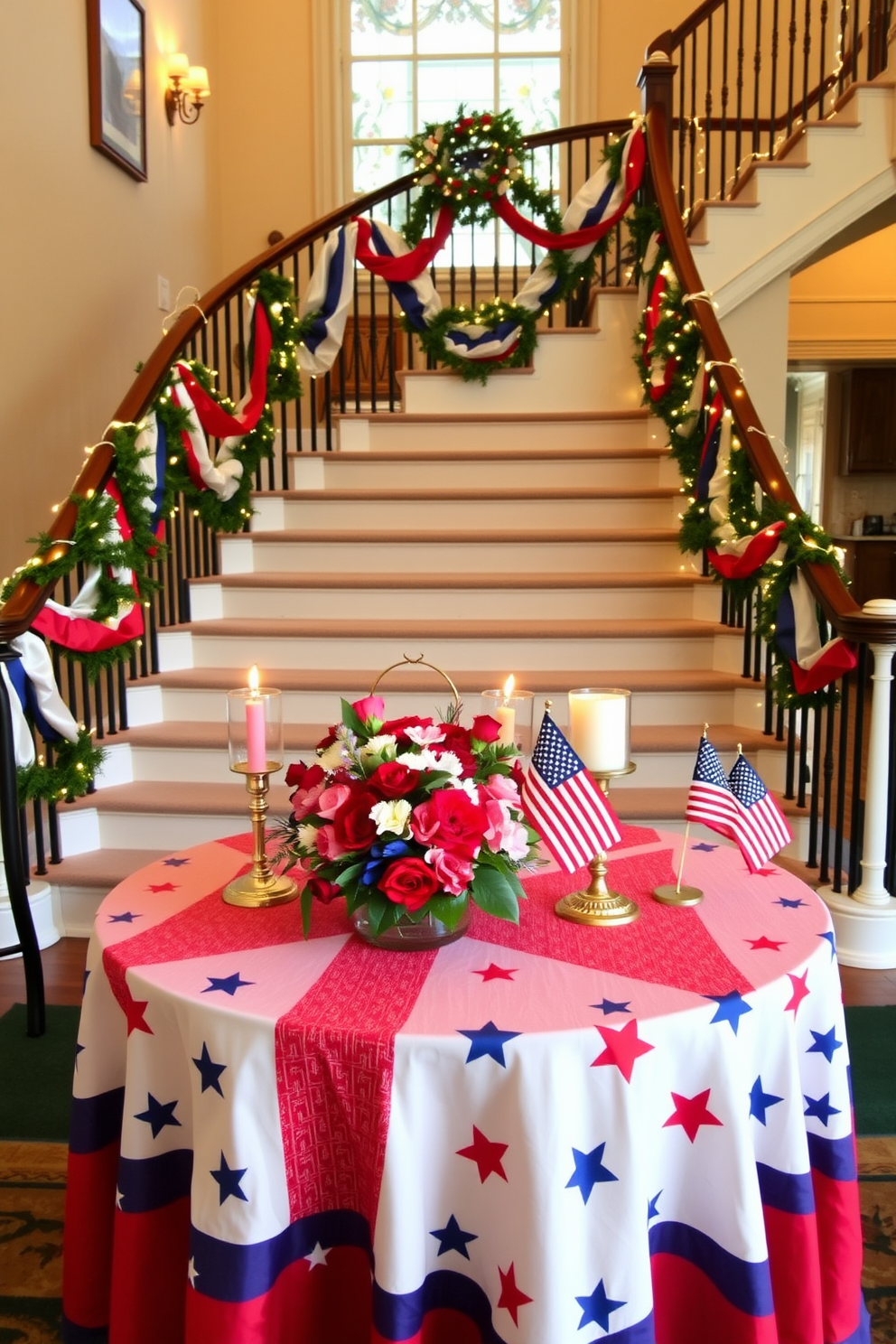 A festive table is set at the top of a grand staircase adorned with red white and blue decorations. The table features a vibrant tablecloth with a star pattern and is decorated with candles and a bouquet of fresh flowers in patriotic colors. Bunting and string lights drape along the staircase railing creating a warm inviting atmosphere. Small flags are placed strategically on the table adding to the festive spirit of Independence Day celebrations.