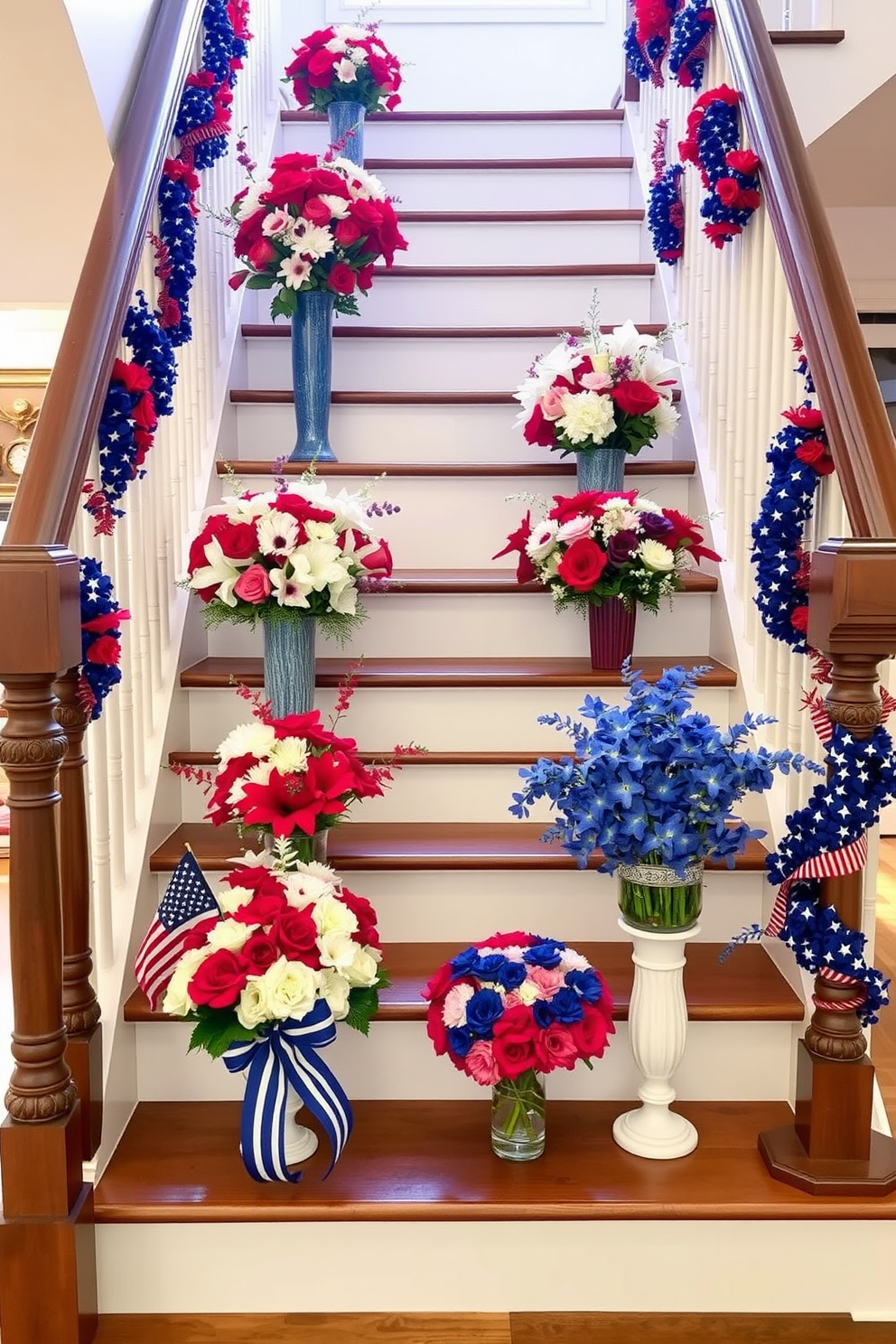 Create a vibrant staircase decorated for Independence Day with red white and blue floral arrangements. The staircase features a mix of fresh flowers in patriotic colors arranged in elegant vases placed on each step.