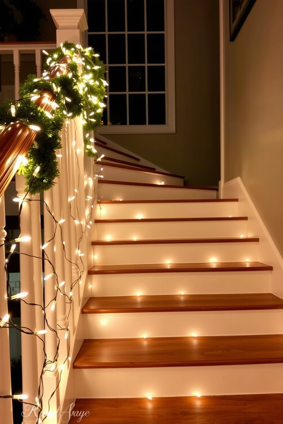 A festive staircase adorned with string lights elegantly wrapped around the banister. The lights twinkle warmly, creating a welcoming atmosphere for Independence Day celebrations.