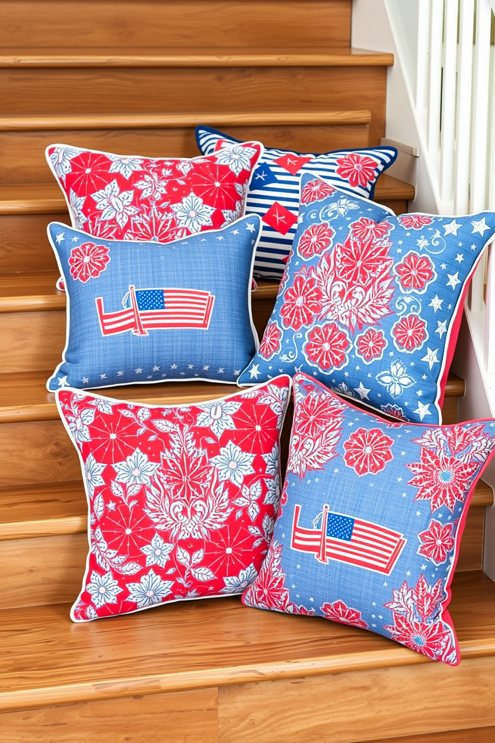 Patriotic cushions are arranged on the staircase seating, featuring vibrant red, white, and blue patterns that celebrate Independence Day. The cushions are complemented by a backdrop of rustic wooden steps, creating a warm and inviting atmosphere for holiday gatherings.