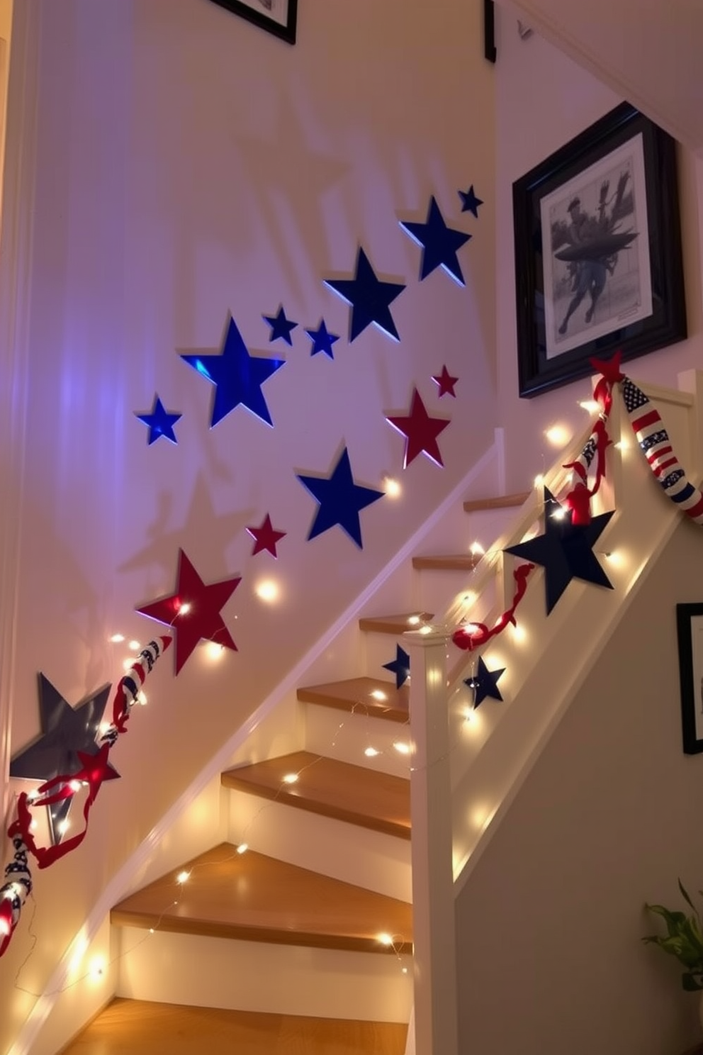 A staircase adorned with star shaped cutouts creates a festive atmosphere for Independence Day celebrations. The cutouts are strategically placed along the walls, casting playful shadows and enhancing the overall design. Red white and blue accents are incorporated through decorative garlands and themed artwork. Twinkling fairy lights are woven through the cutouts, adding a warm glow to the staircase during evening gatherings.