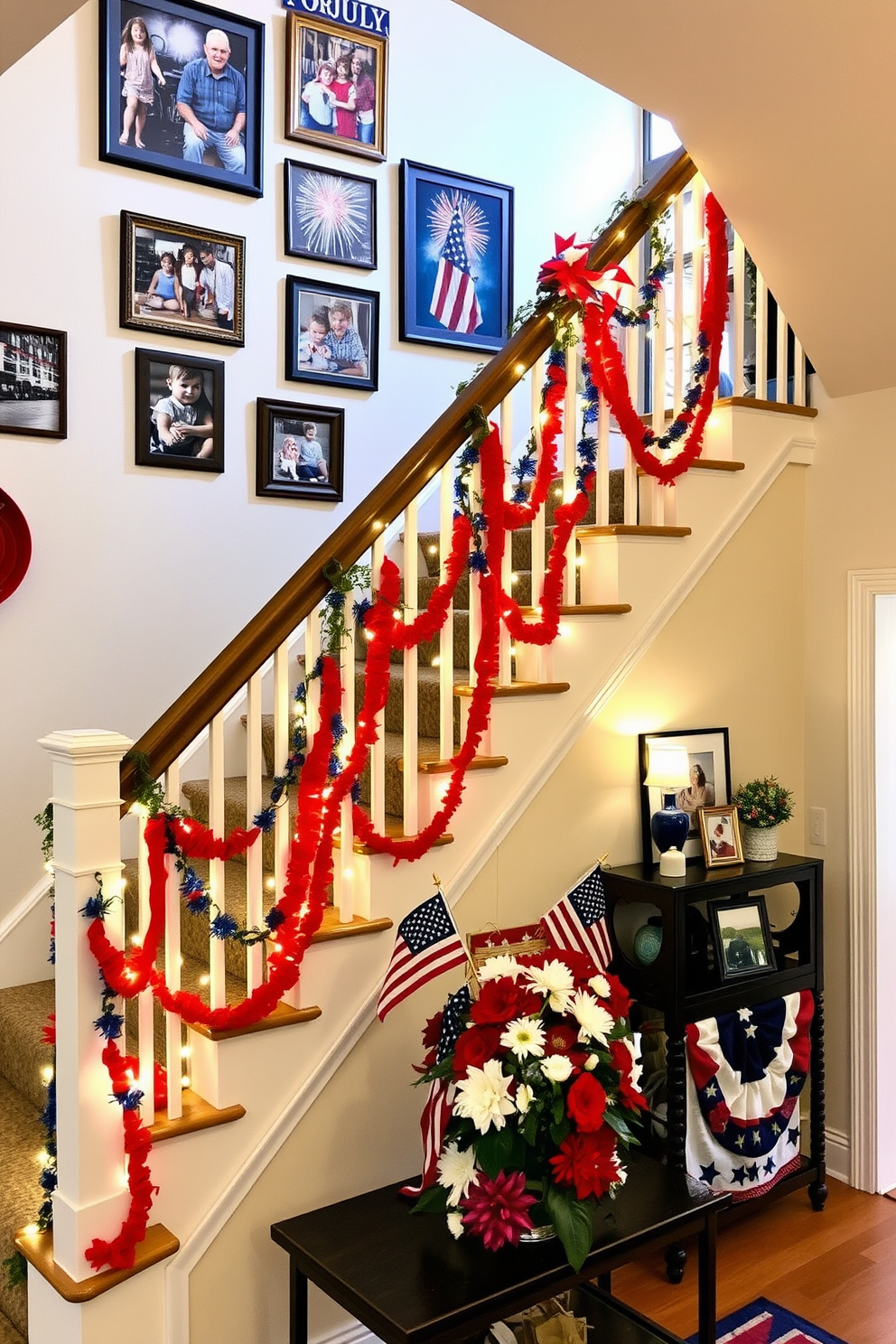 A festive Fourth of July themed photo display adorns the staircase, showcasing framed pictures of family celebrations and fireworks. Red, white, and blue decorations cascade down the banister, interspersed with twinkling string lights for an inviting glow. Patriotic banners and garlands hang from the walls, creating a vibrant atmosphere that captures the spirit of Independence Day. At the base of the staircase, a decorative table holds a centerpiece of fresh flowers in patriotic colors, completing the festive look.