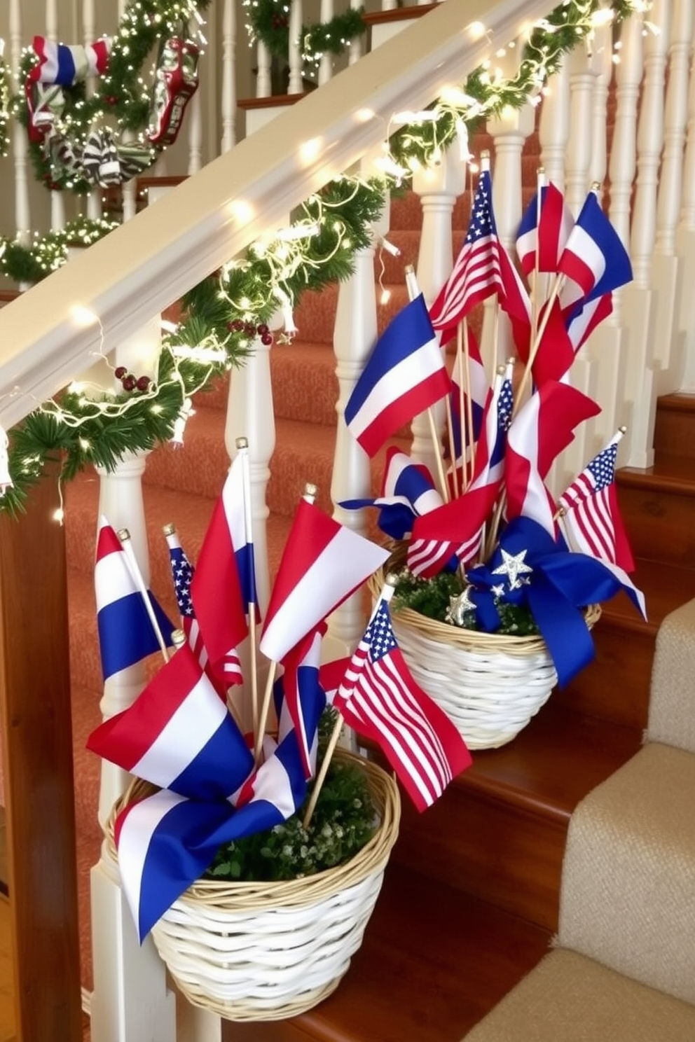 Decorative baskets filled with vibrant red white and blue flags are placed artistically along the staircase. The staircase railing is adorned with twinkling fairy lights and garlands to create a festive and patriotic atmosphere.